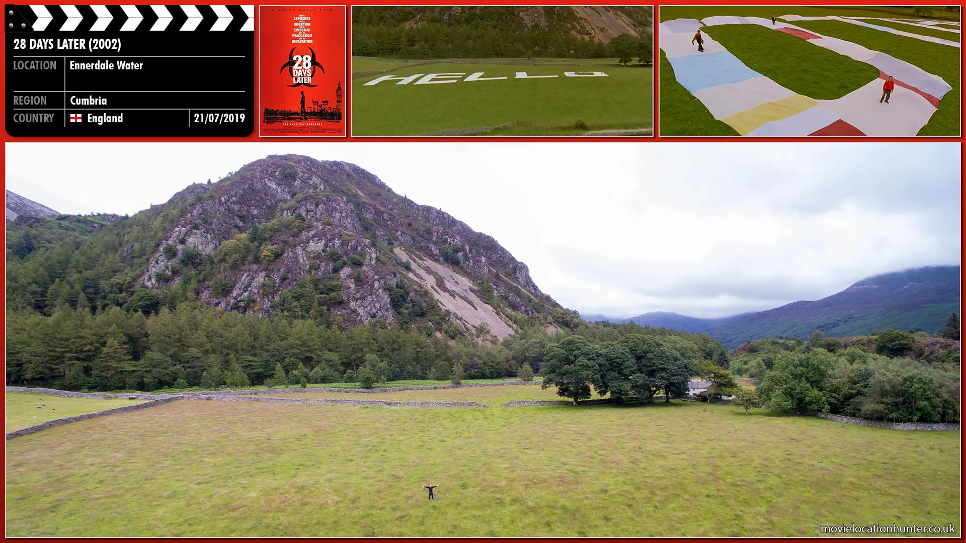 Filming location photo, shot in England, for 28 Days Later (2002). Scene description: As a fighter jet flies overhead, Jim (Cillian Murphy), Selena (Naomie Harris), and Hannah (Megan Burns) unfurl a huge cloth banner spelling the word 