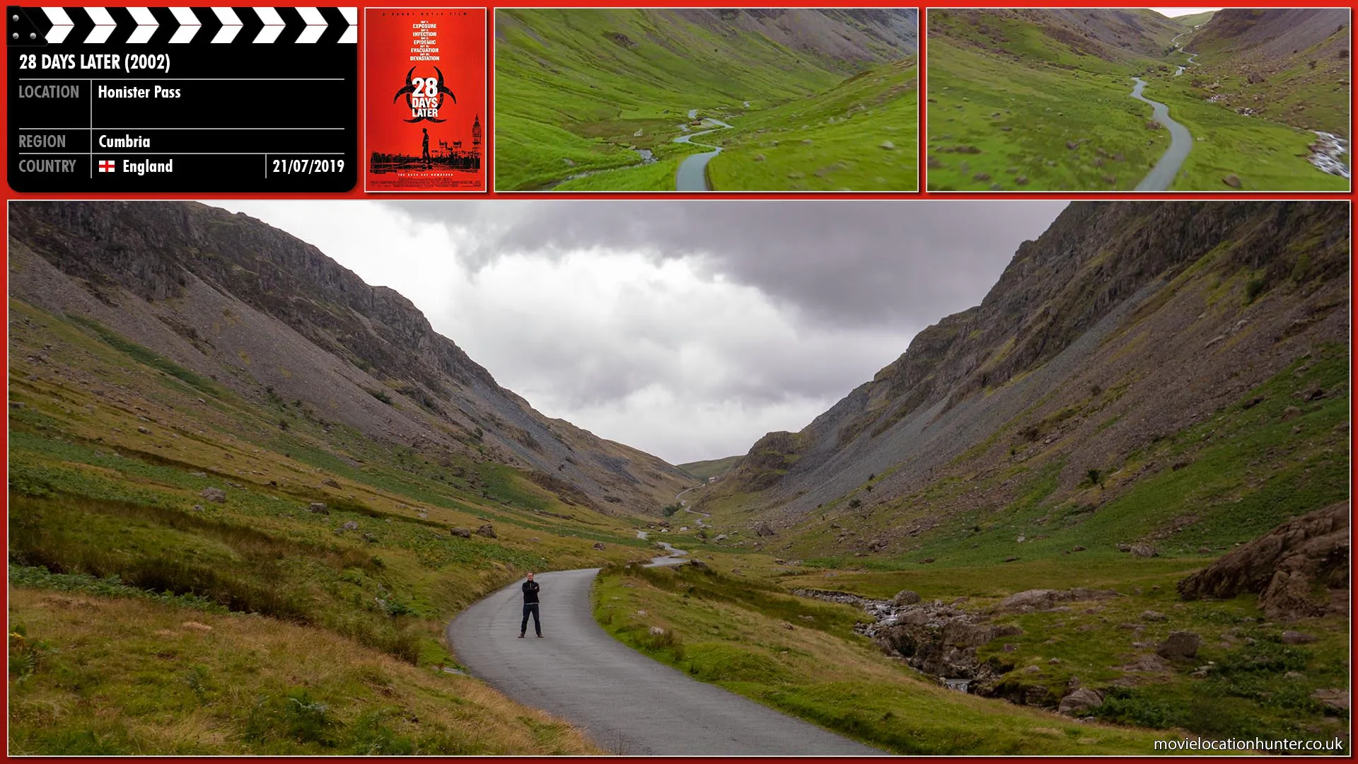 Filming location photo, shot in England, for 28 Days Later (2002). Scene description: A low flying fighter jet scours the road below looking for survivors.