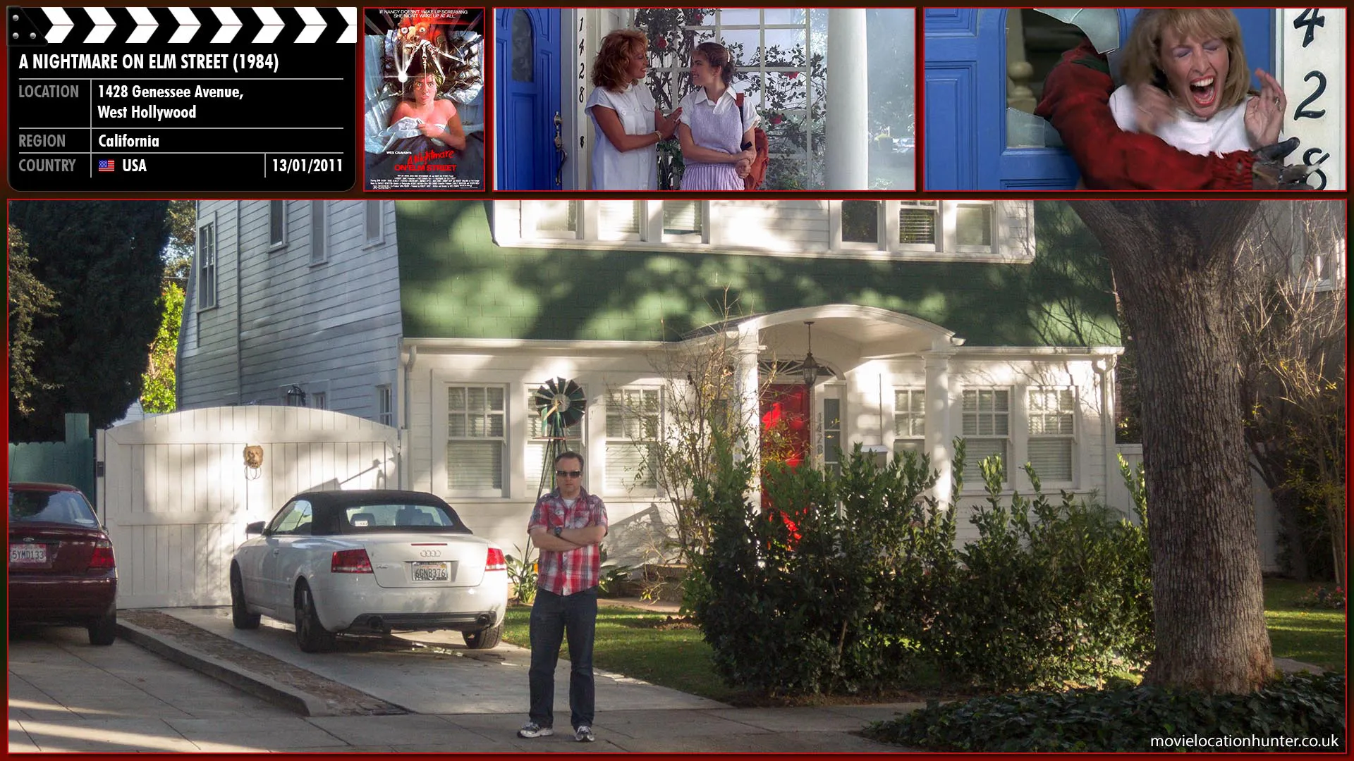 Filming location photo, shot in USA, for A Nightmare on Elm Street (1984). Scene description: Marge (Ronee Blakley) stands on the porch and sees Nancy (Heather Langenkamp) off to school in a loving way, telling Nancy that she is going to quit drinking. Glen (Johnny Depp), Rod (Jsu Garcia), and Tina (Amanda Wyss) pull up in Glen's car to take Nancy to school. When Nancy gets in, the convertible roof suddenly slams shut over their heads; the roof is red and green, like Freddy's sweater. The windows go up and the car drives off, with all four of them trapped inside. Marge seems oblivious, waving goodbye to the kids, when suddenly Freddy's arm smashes outwards through the small window in the front door. In a bizarre movement, Marge's entire body is pulled through the tiny window, and she is gone.