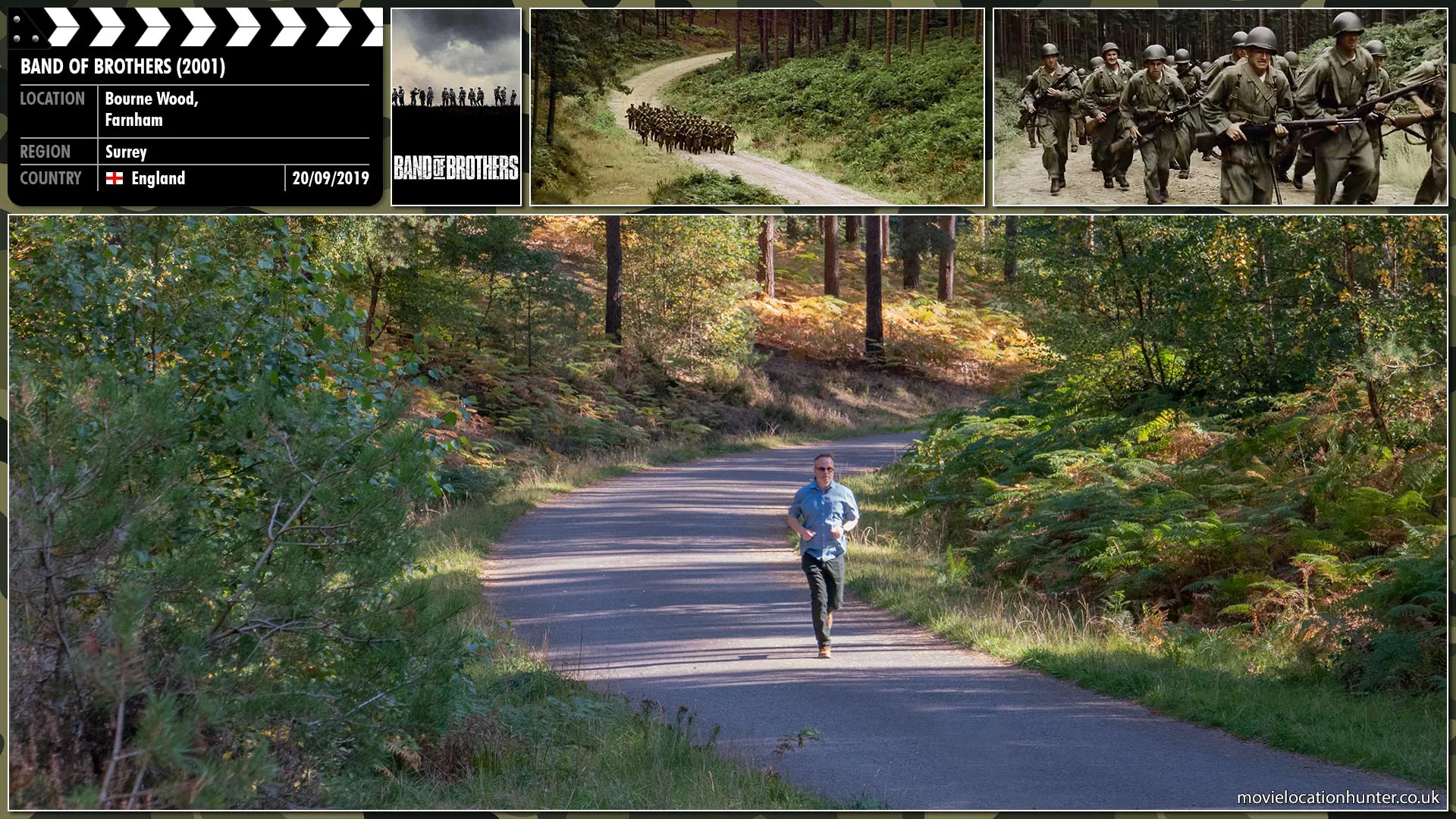 Filming location photo, shot in England, for Band of Brothers (2001). Scene description: Captain Herbert Sobel (David Schwimmer) is a very strict disciplinarian who seems to train his company harder and longer than the commanders of other companies.  Sobel gives heavy punishments to men even with the lightest infractions or making the men march during the night straight after running up Currahee, a hill near the camp.