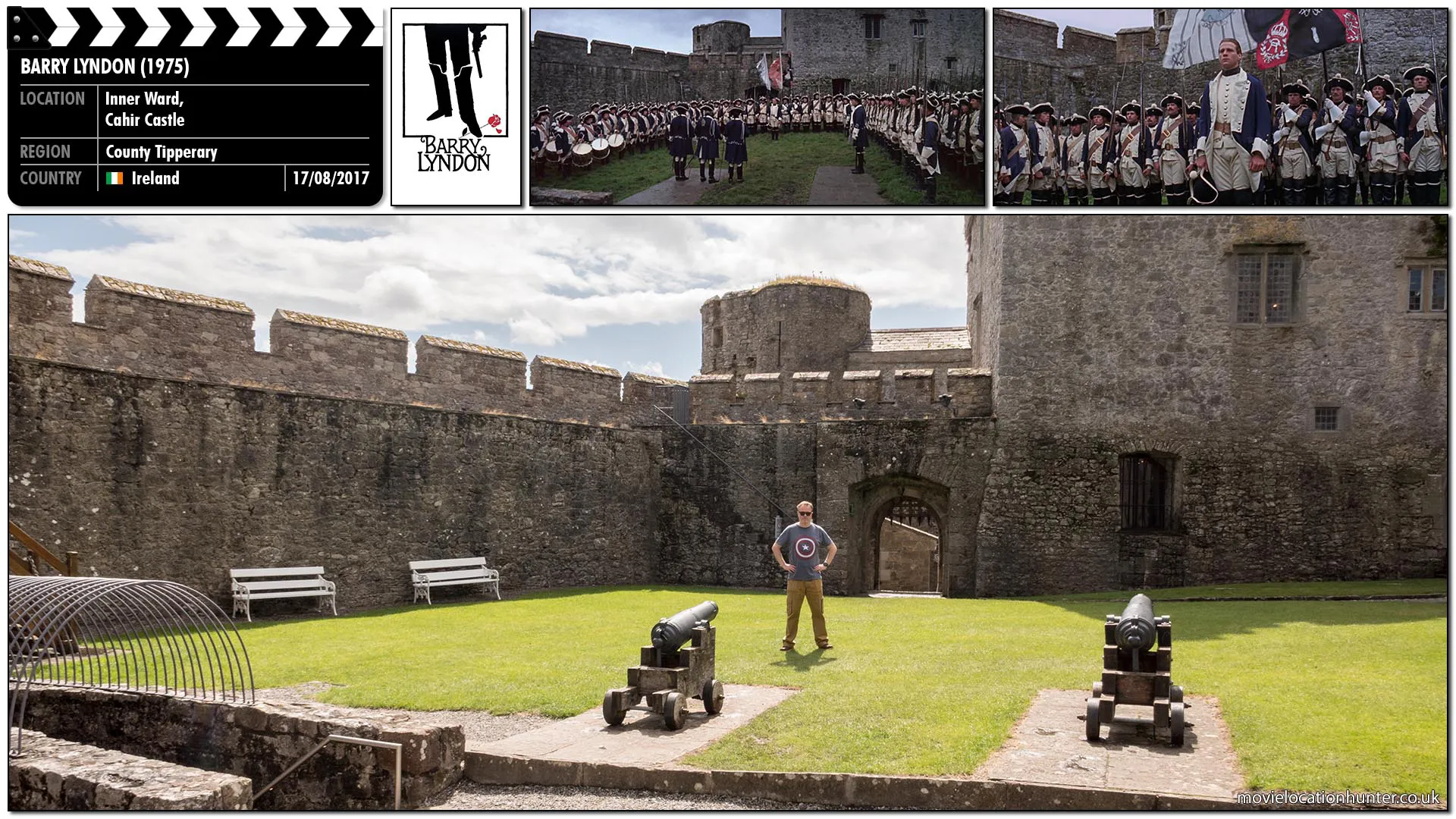 Filming location photo, shot in Ireland, for Barry Lyndon (1975). Scene description: Barry (Ryan O'Neal) saves Potzdorf's (Hardy Kruger) life by dragging him out of a burning house during a battle with French troops, Barry is promoted and receives a special commendation from the Prussian king.