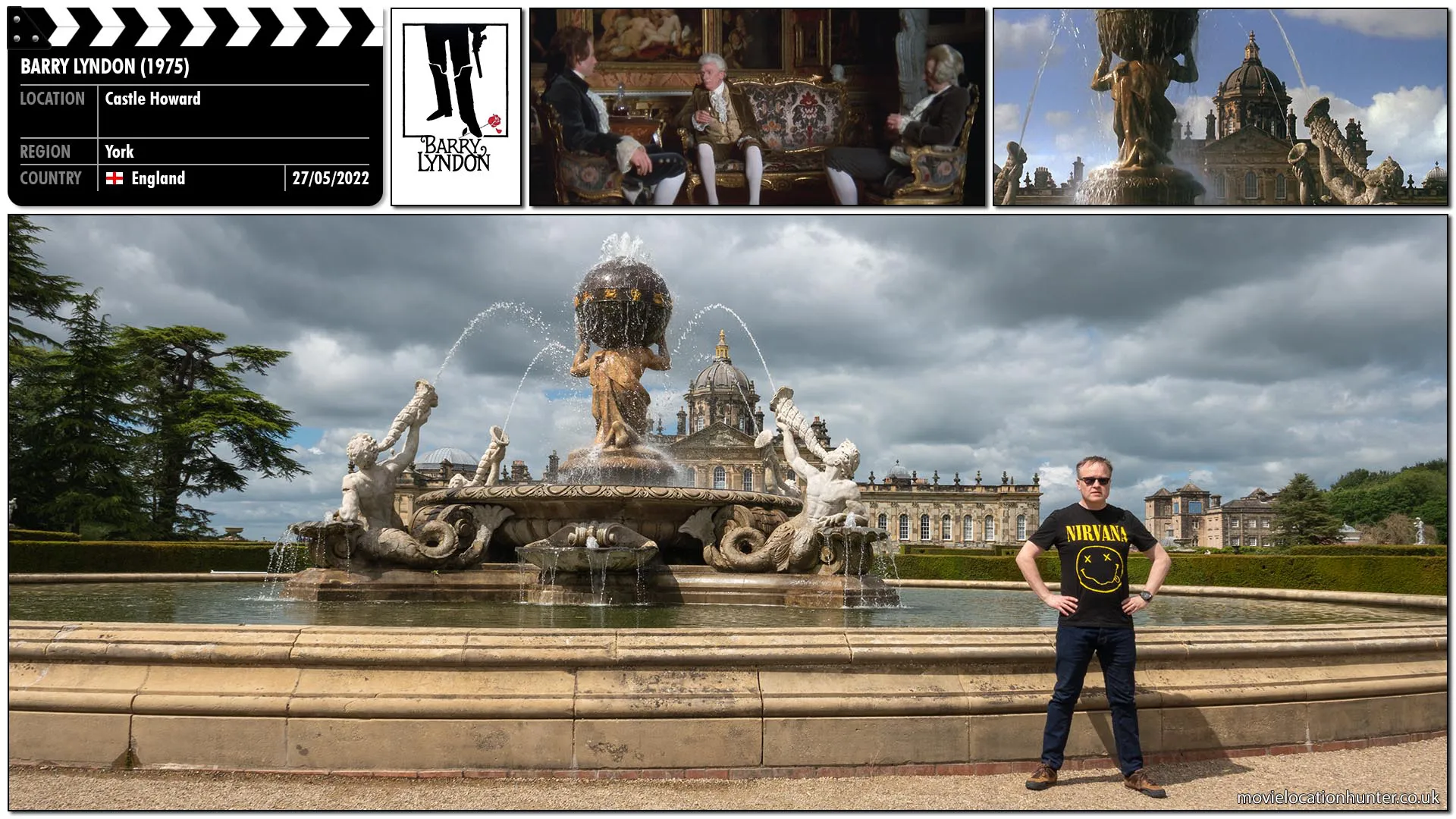 Filming location photo, shot in England, for Barry Lyndon (1975). Scene description: Fountain at Castle Hackton, the Countess’s extravagant estate,