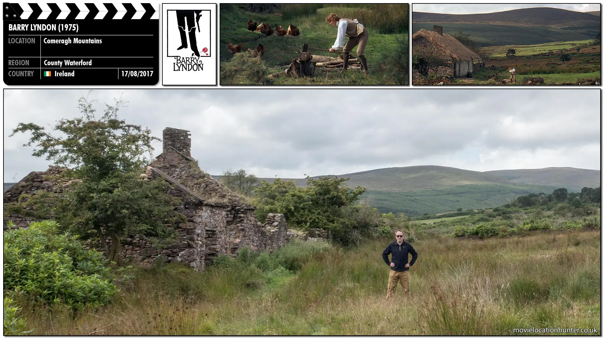 Filming location photo, shot in Ireland, for Barry Lyndon (1975). Scene description: Barry (Ryan O'Neal) returns hime having resolved never to see Nora (Gay Hamilton) again.