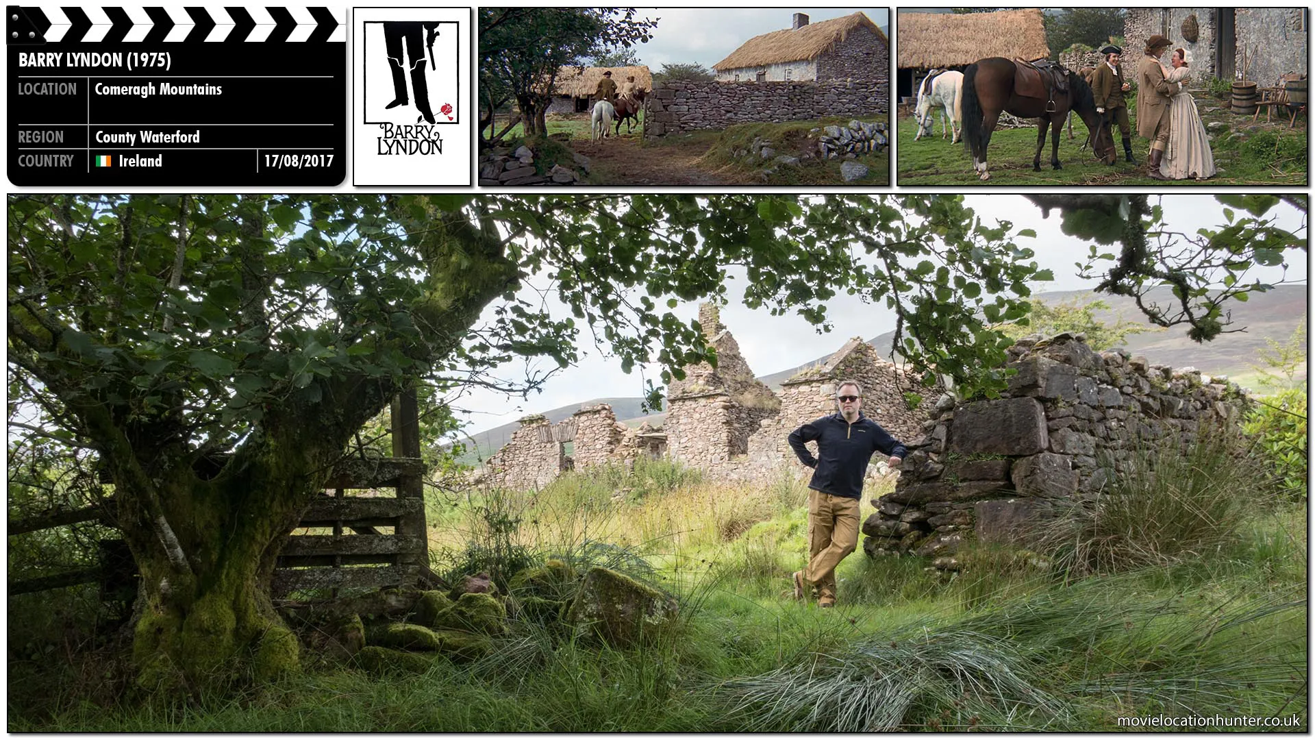 Filming location photo, shot in Ireland, for Barry Lyndon (1975). Scene description: Upon seeing Barry (Ryan O'Neal), his mother (Marie Kean), who has been waiting outside, rushes to her son with wild screams of joy.  He dismounts, and she kisses and embraces him.