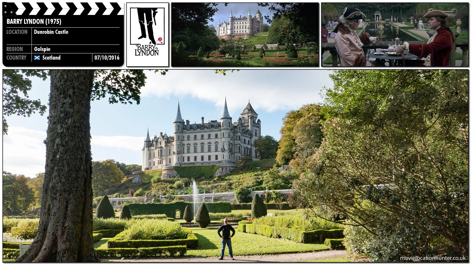 Filming location photo, shot in Scotland, for Barry Lyndon (1975). Scene description: Exterior of the elegant Spa in Belgium where Barry encounters the beautiful and wealthy Countess of Lyndon.