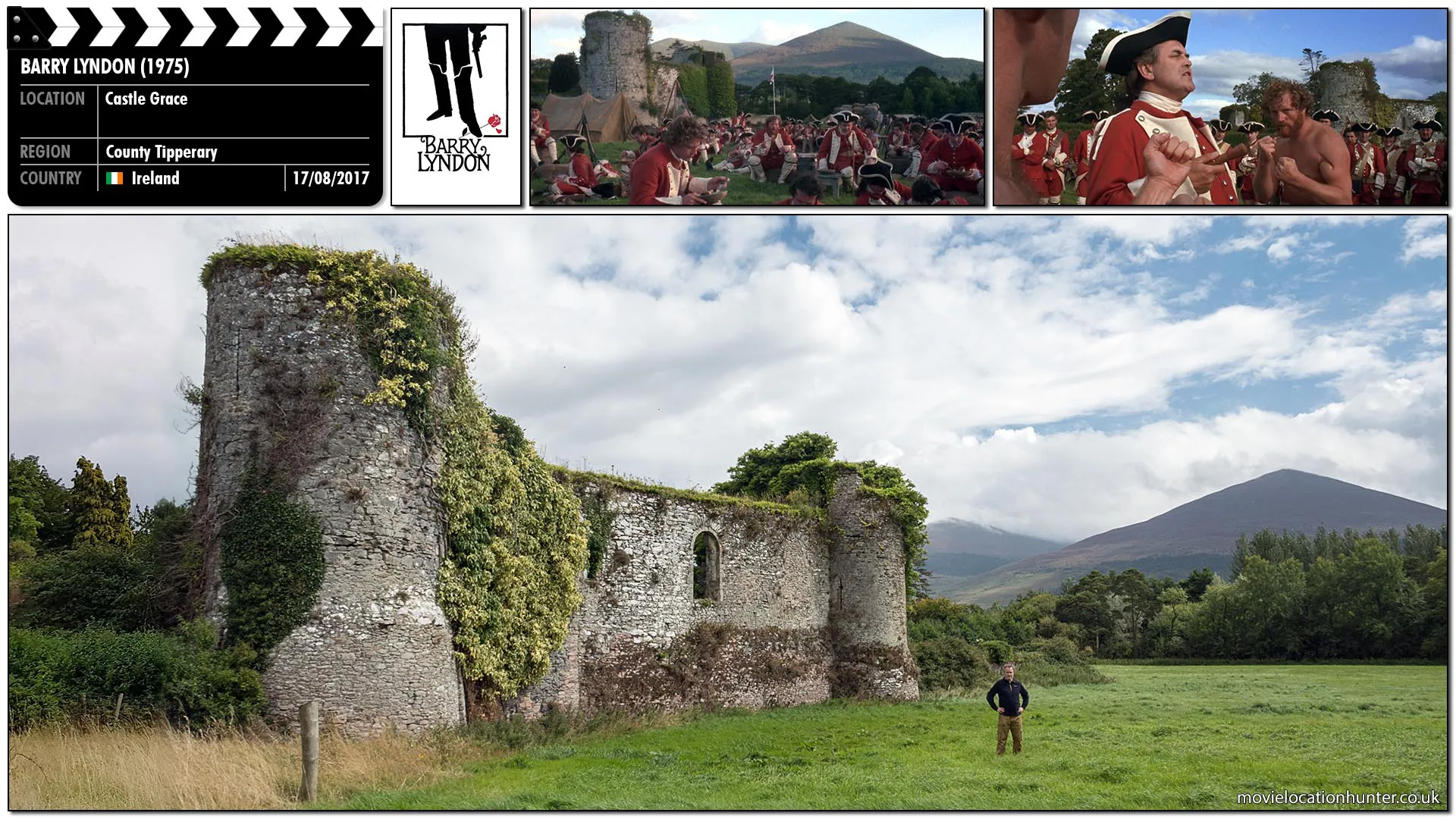 Filming location photo, shot in Ireland, for Barry Lyndon (1975). Scene description: Barry (Ryan O'Neal) gets into a brawl with a local bully named O'Toole (Pat Roach), and is forced to fight bare-knuckle against the guy. Barry wins the fight by dodging all of O'Toole's blows and knocks out his opponent, which earns him popularity from the rest of his fellow recruits.