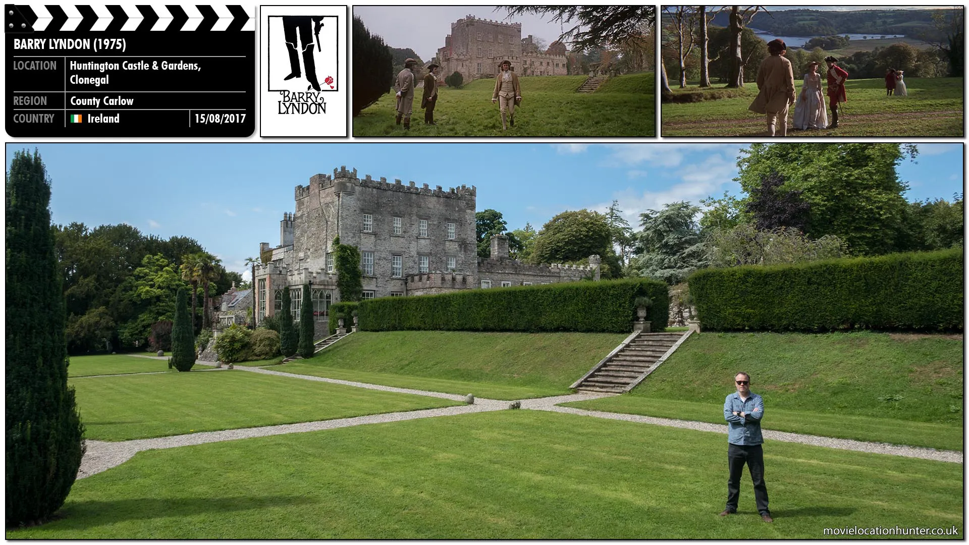 Filming location photo, shot in Ireland, for Barry Lyndon (1975). Scene description: Barry (Ryan O'Neal) discovers Captain John Quin (Leonard Rossiter) flirting with Nora Brady (Gay Hamilton).