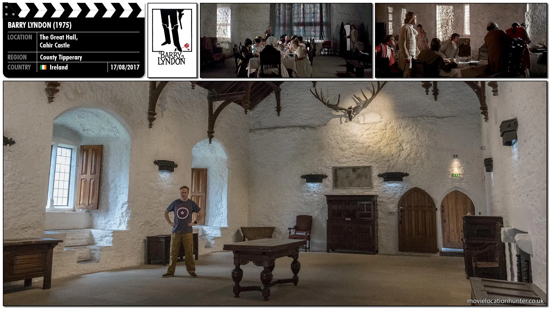 Filming location photo, shot in Ireland, for Barry Lyndon (1975). Scene description: Barry abstains from rising and toasting the annoucement of the marriage Nora to Captain Quin.  Encouraged to toast, Barry eventually rises to his feet and tosses his drink in Quin's face. Everyone reacts in horror. The glass having shattered on Quin's face.