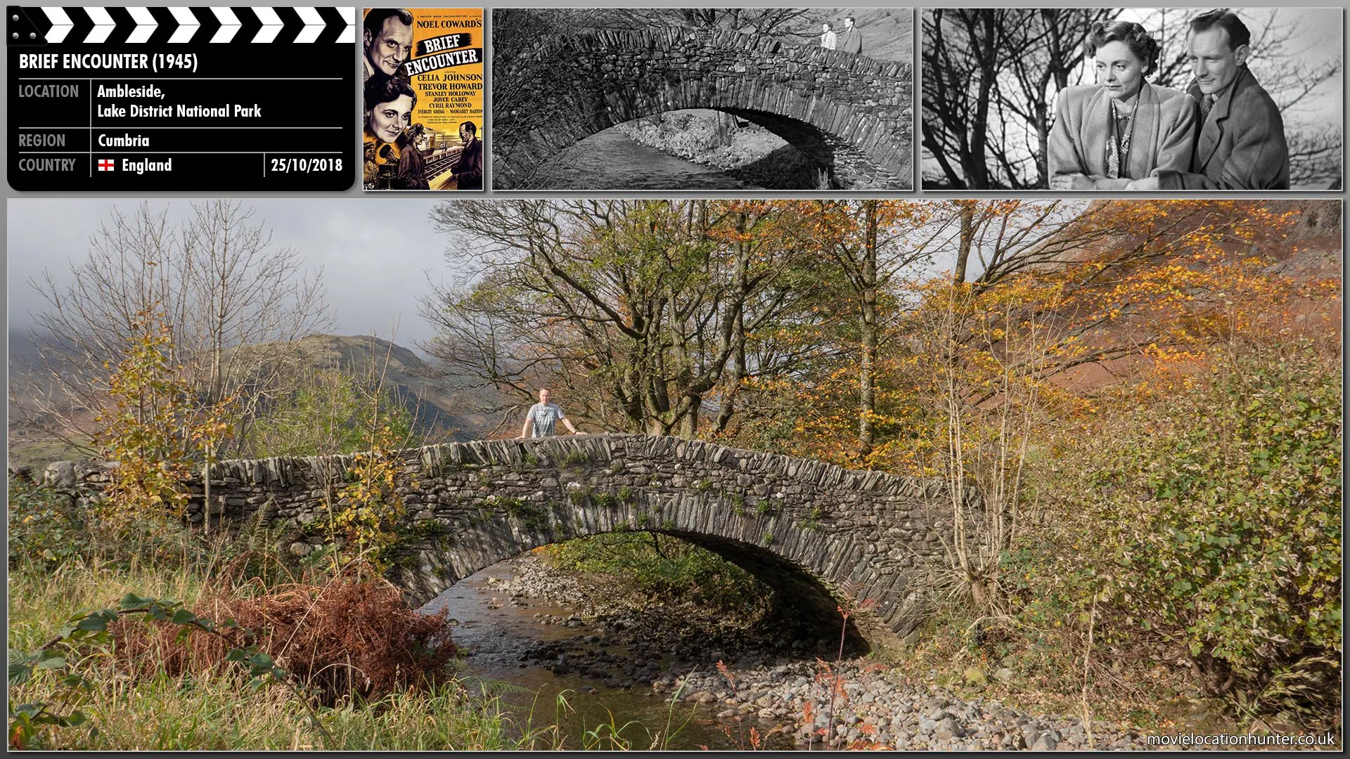 Filming location photo, shot in England, for Brief Encounter (1945). Scene description: As their relationship grows, Alec (Trevor Howard) and Laura (Celia Johnson) find themselves meeting regularly.  On days out in the countryside they discover an idyllic stone bridge over a stream.