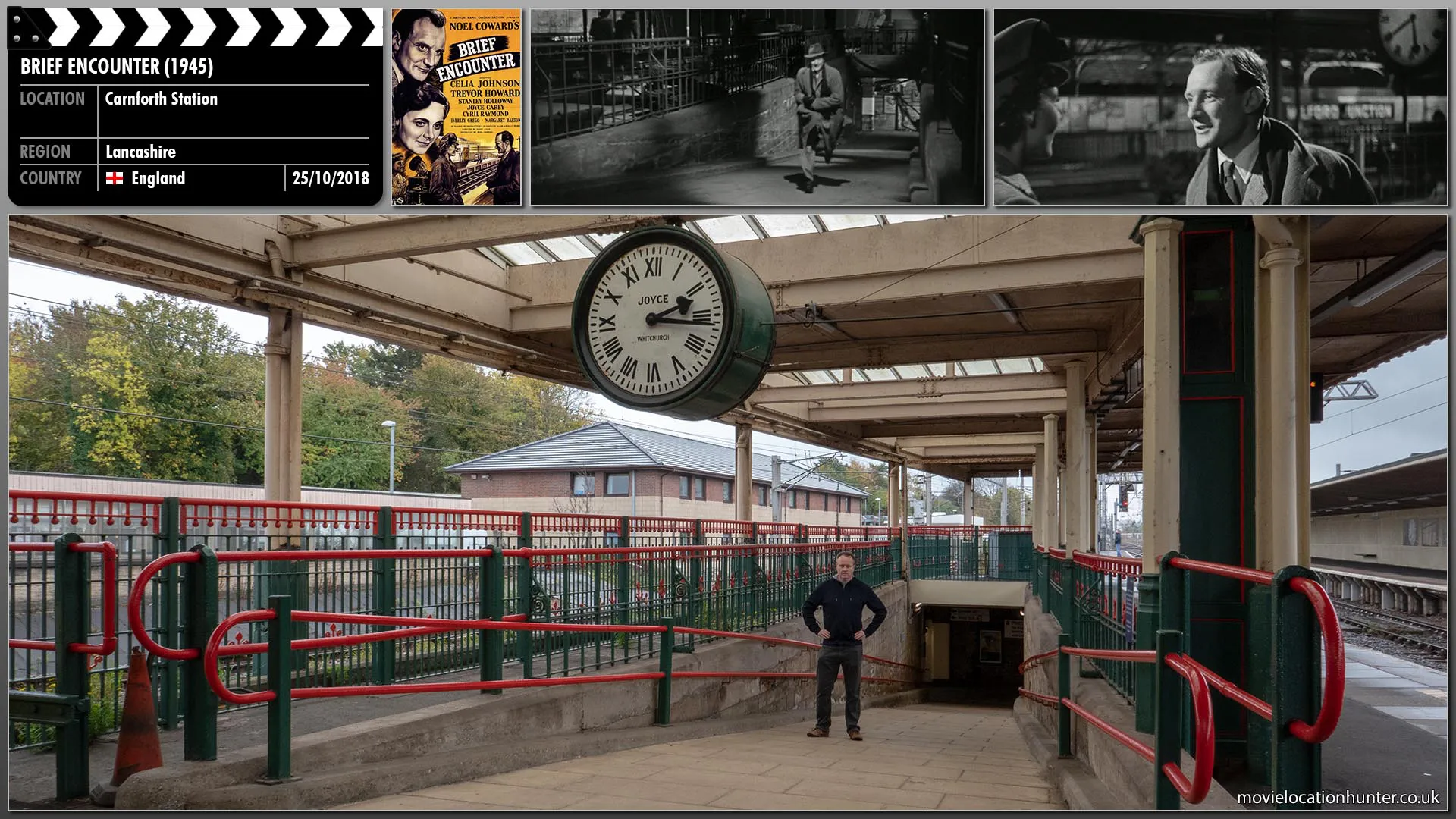 Filming location photo, shot in England, for Brief Encounter (1945). Scene description: At the train station, Laura (Celia Johnson) waits for Alec (Trevor Howard) to arrive and hears the bell warning of an approaching train.  Laura feels panic-stricken at the thought of not seeing him again.  Suddenly, Alec races up the ramp towards her sharing the same feelings.  It is at this juncture that they both realize they have fallen in love.