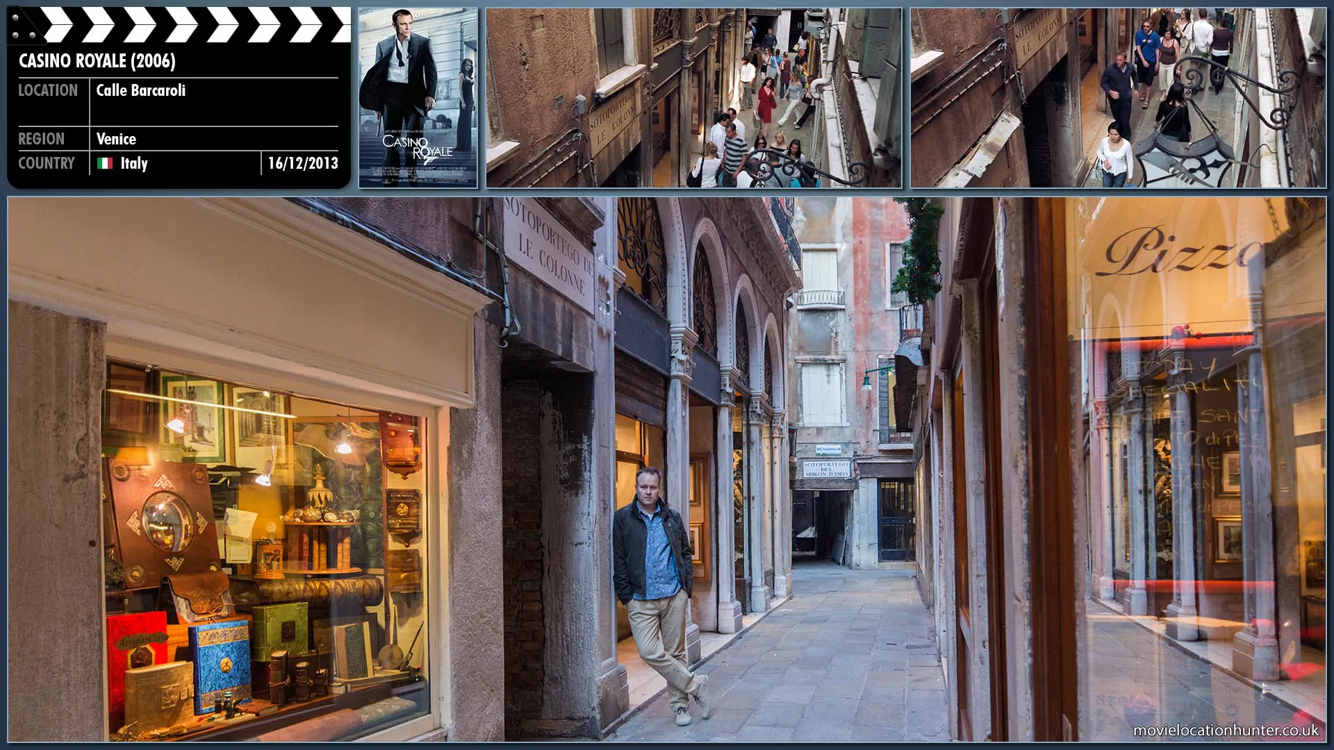 Filming location photo, shot in Italy, for Casino Royale (2006). Scene description: Bond (Daniel Craig) follows Vesper (Eva Green) through the Venetian alleys.