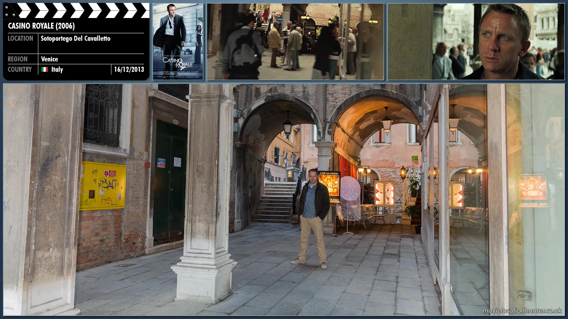 Filming location photo, shot in Italy, for Casino Royale (2006). Scene description: Rushing from the bank into the crowded square Bond (Daniel Craig) catches and glimpse of Vesper (Eva Green) has walks over a canal bridge.