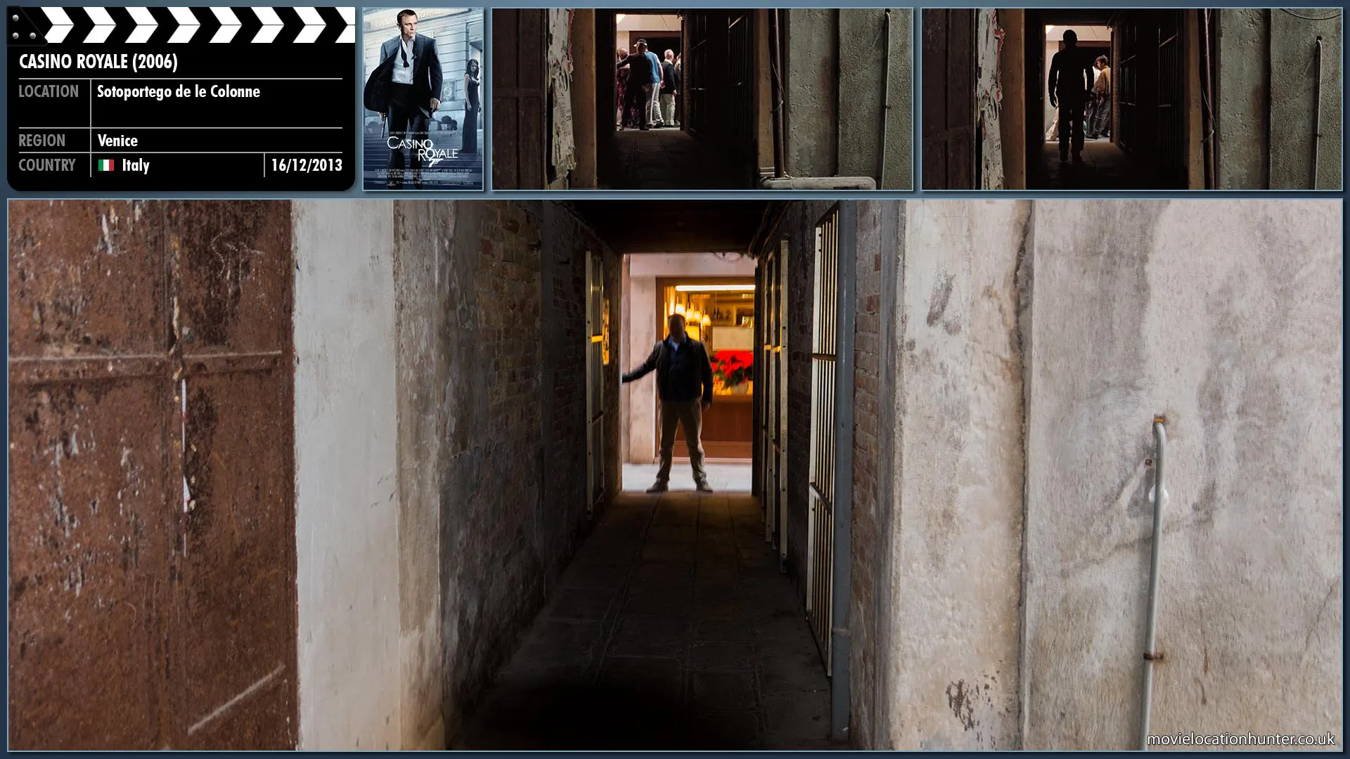 Filming location photo, shot in Italy, for Casino Royale (2006). Scene description: Bond (Daniel Craig), making sure he is not seen, turns into the same alley as Vesper (Eva Green) and continues his pursuit.