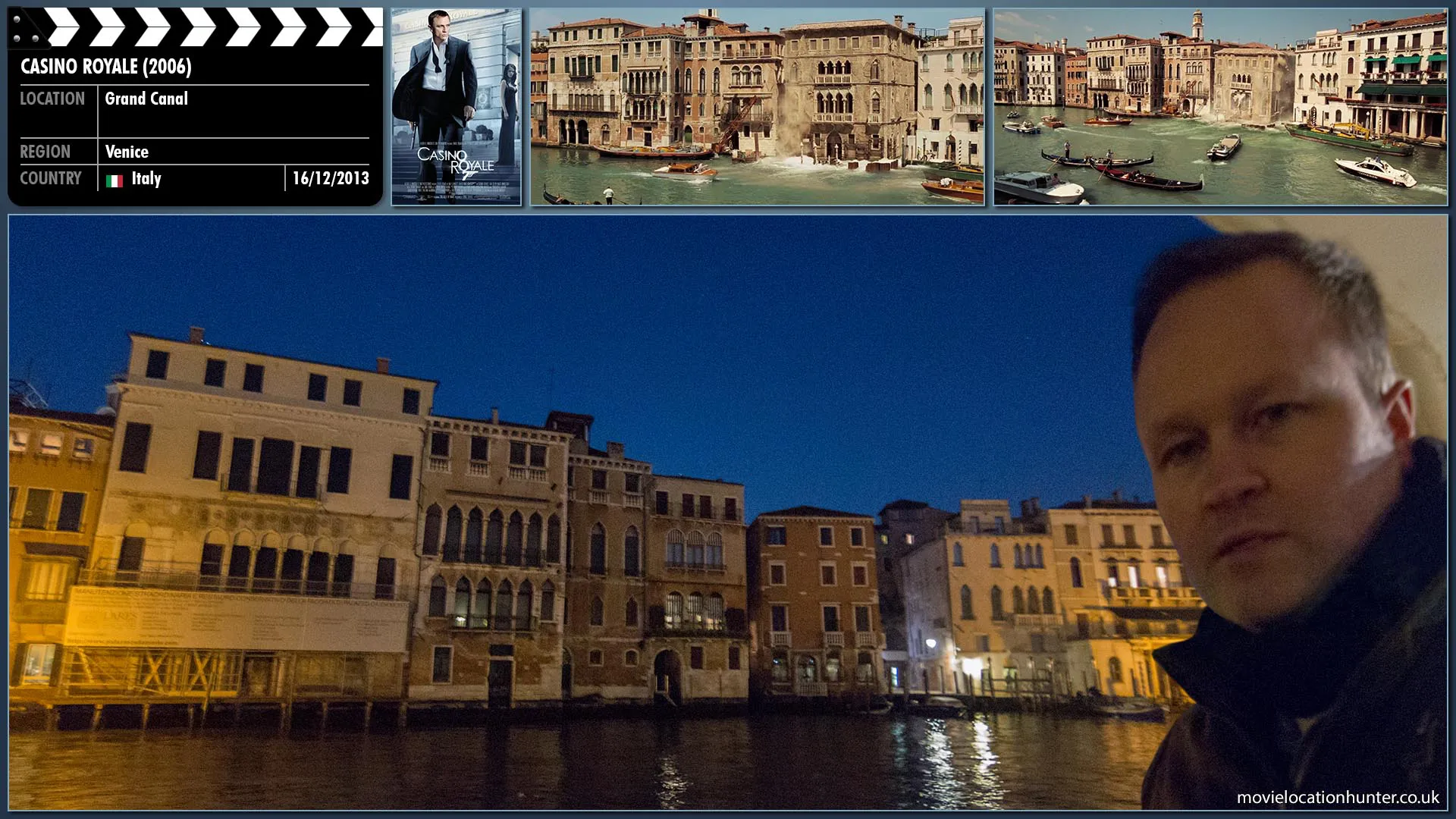 Filming location photo, shot in Italy, for Casino Royale (2006). Scene description: Bond (Daniel Craig) follows Vesper (Eva Green) to a secret meeting where she turns the money over, in cash, to a man named Gettler (Richard Sammel). Gettler and a few of his men retreat to a building being renovated and a gunfight ensues. Bond shoots and ruptures the flotation bags that hold the building above water-level and kills the men. He tries to save Vesper, locked in an old elevator, but is unable to after she commits suicide by drowning herself. Bond recovers her body and takes her above water but is unable to revive her. Mr. White (Jesper Christensen), who'd been watching the scene, is seen leaving with the suitcase full of money.