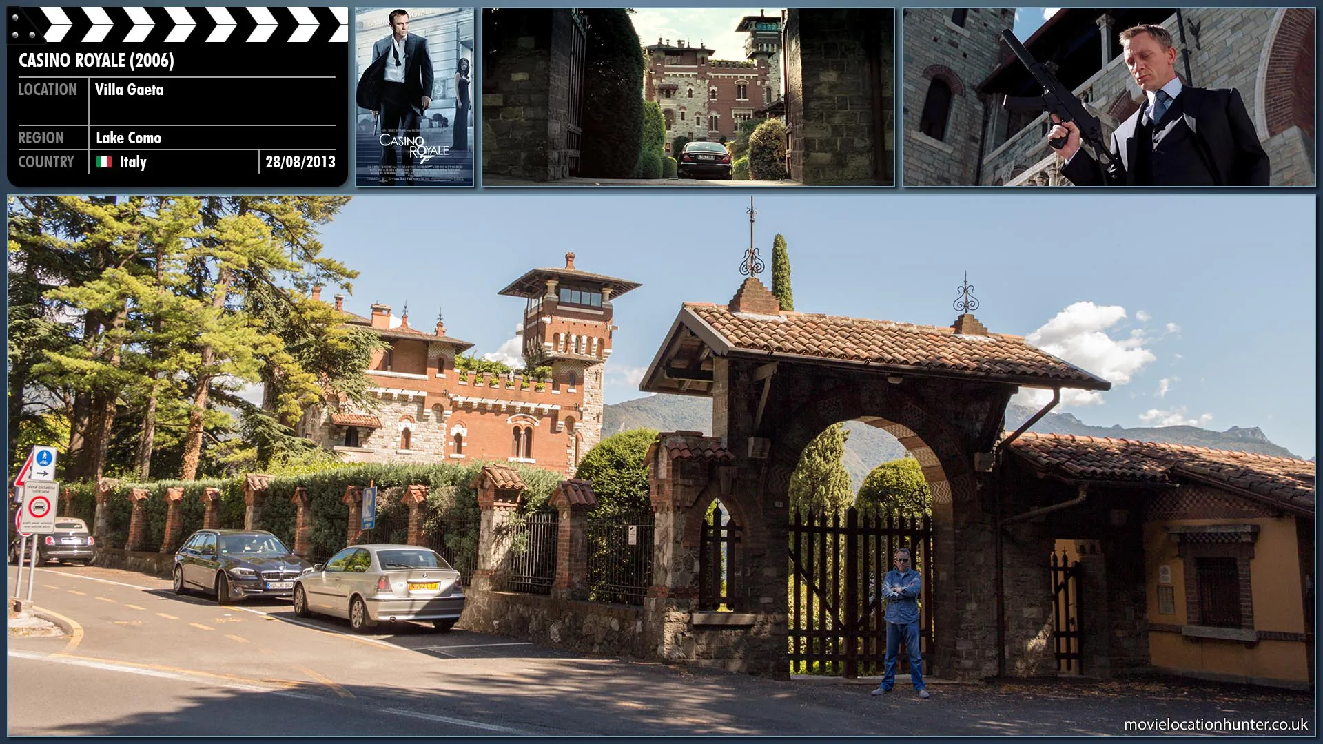 Filming location photo, shot in Italy, for Casino Royale (2006). Scene description: At his estate in Lake Como, Mr. White (Jesper Christensen) receives a phone call, and is shot in the leg when he answers. Bond (Daniel Craig) strolls into his path holding a machine gun and introduces himself: 