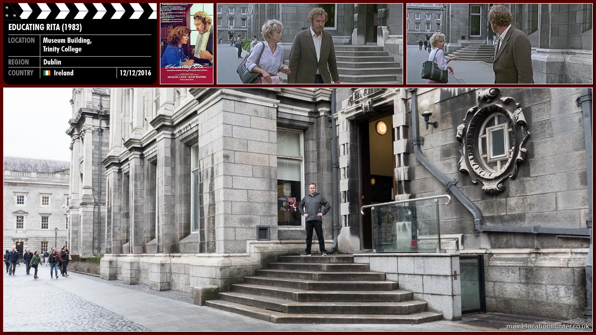 Filming location photo, shot in Ireland, for Educating Rita (1983). Scene description: Frank (Michael Caine) says he is unwilling to give lessons in the evenings, as the course requires. Rita (Julie Walters) stands her ground by waiting outside his office and confronts him as he leaves saying she will return the next week for her first tutorial.