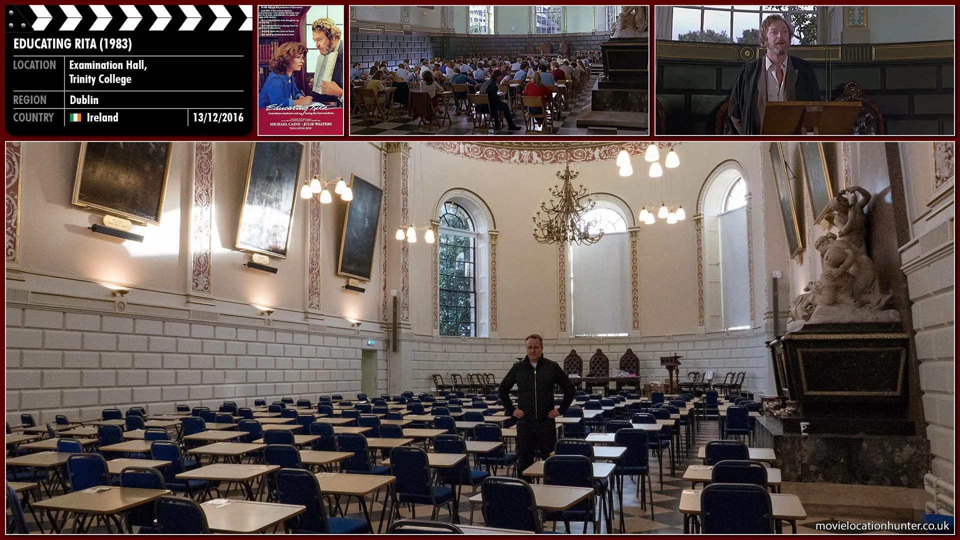 Filming location photo, shot in Ireland, for Educating Rita (1983). Scene description: Frank (Michael Caine) becomes depressed that he and Rita (Julie Walters) have grown apart. He arrives drunk at a lecture and falls off the stage.