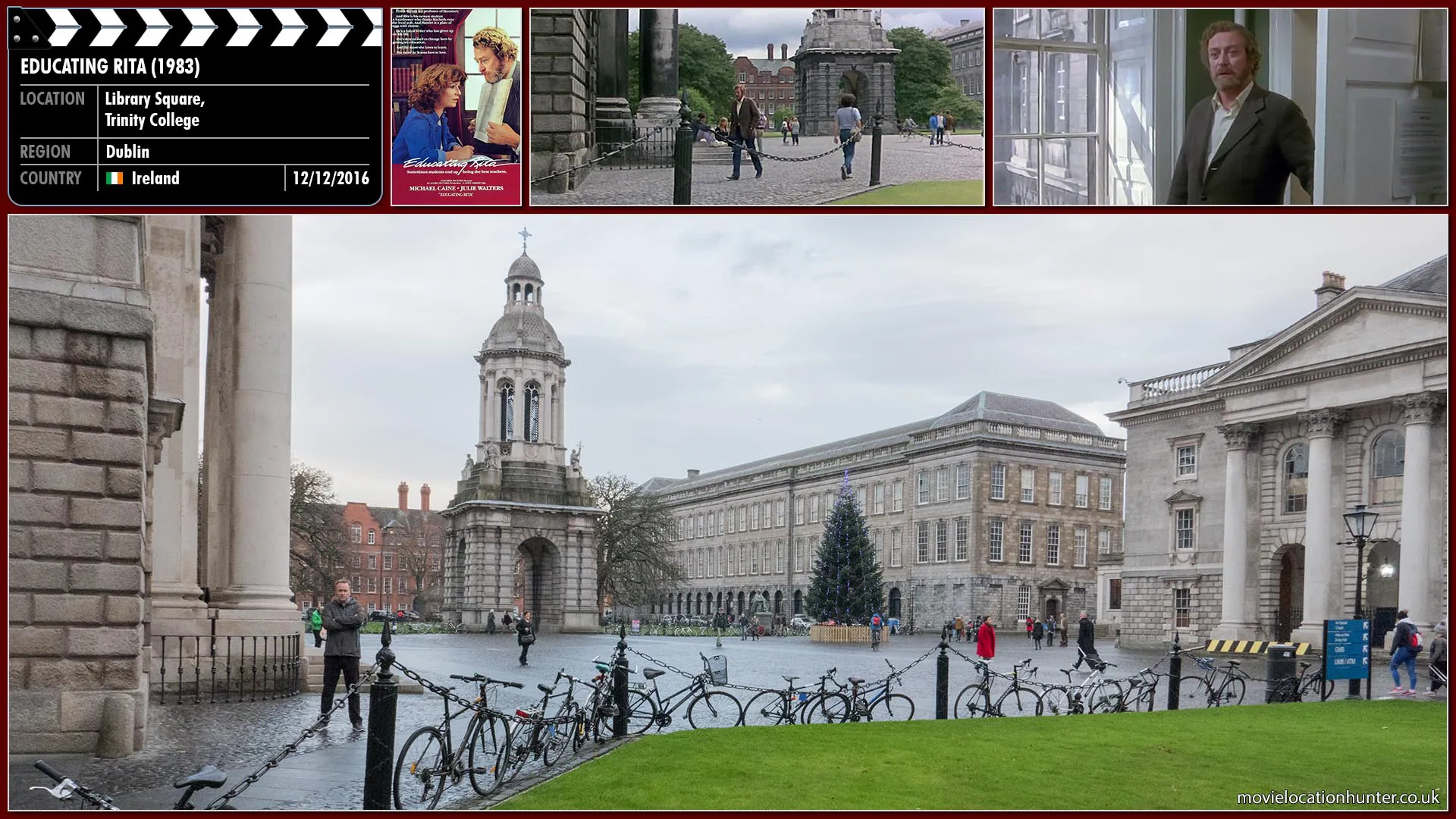 Filming location photo, shot in Ireland, for Educating Rita (1983). Scene description: Frank (Michael Caine) walks through the university on his way to see his girlfriend Julia (Jeananne Crowley).