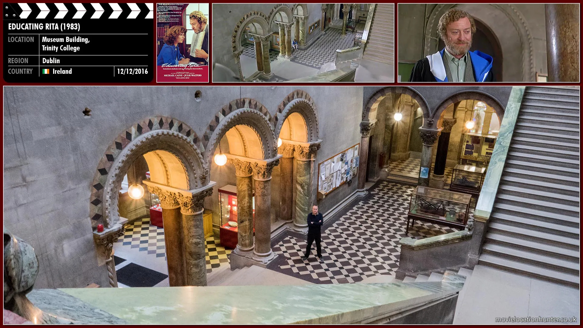 Filming location photo, shot in Ireland, for Educating Rita (1983). Scene description: Frank (Michael Caine) is called before a committee after he attempted to give a lecture whilst drunk.  Rita (Julie Walters) waits outside for him and urges him to sort his life out.