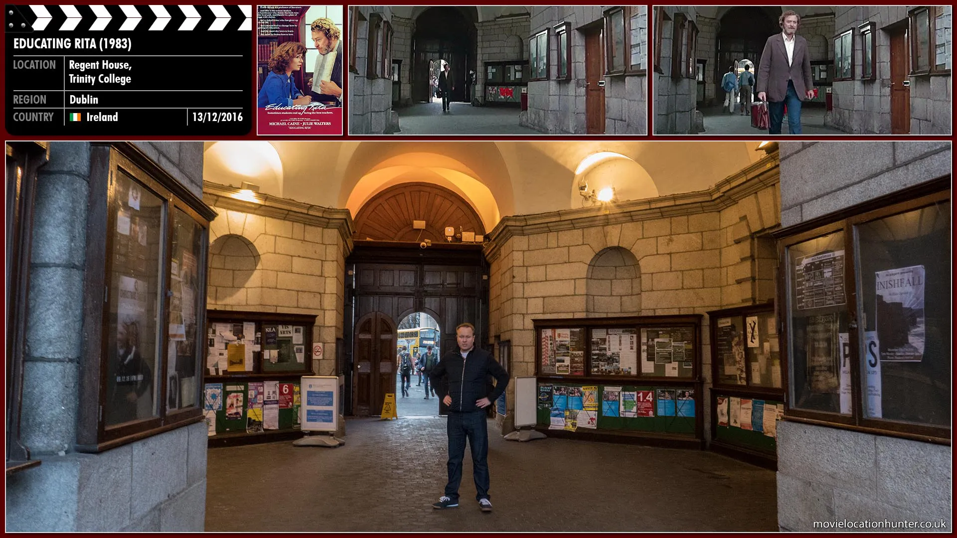 Filming location photo, shot in Ireland, for Educating Rita (1983). Scene description: Frank (Michael Caine) arrives at his university.