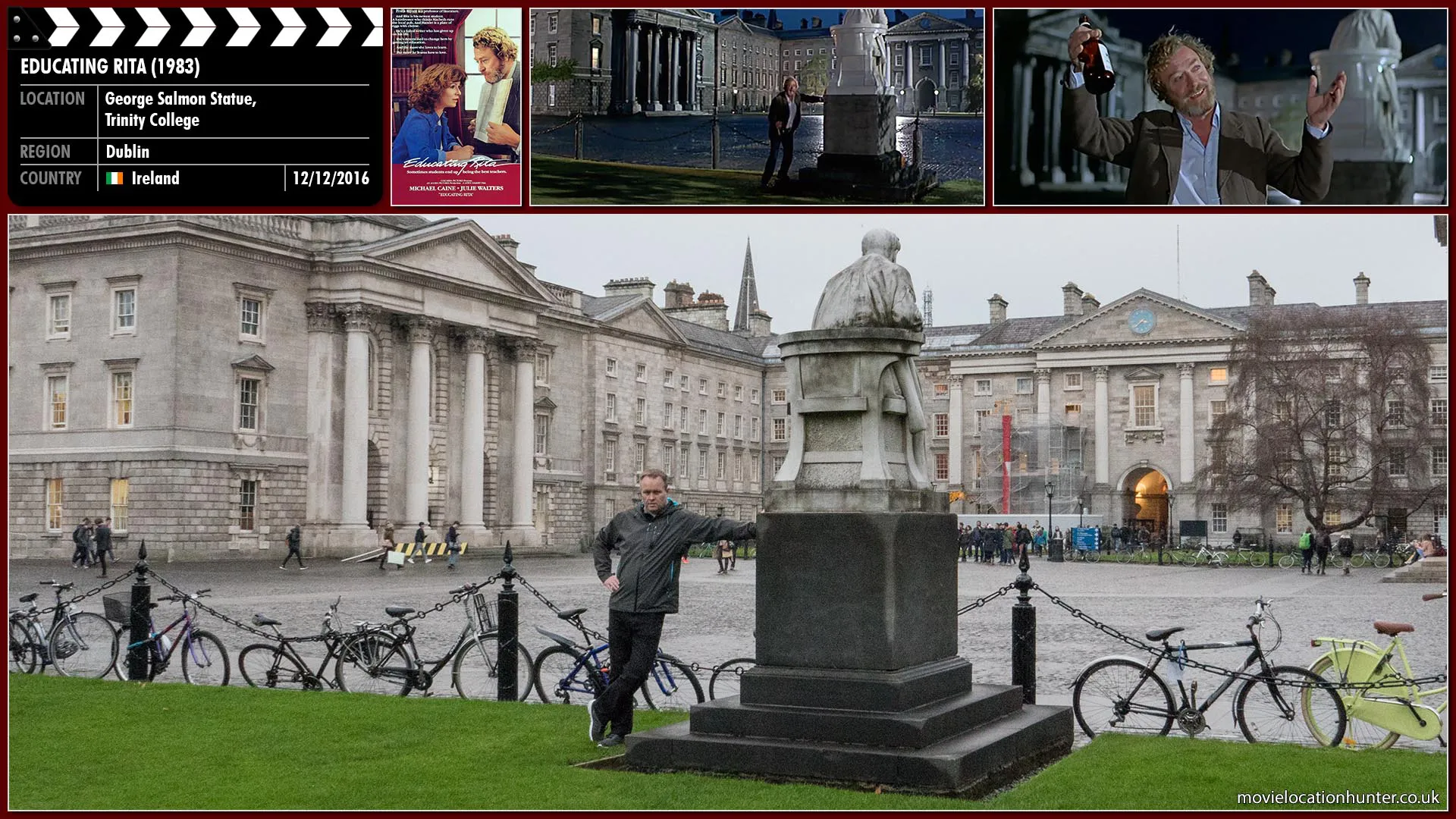 Filming location photo, shot in Ireland, for Educating Rita (1983). Scene description: Frank (Michael Caine) causes a drunken disturbance on the campus.
