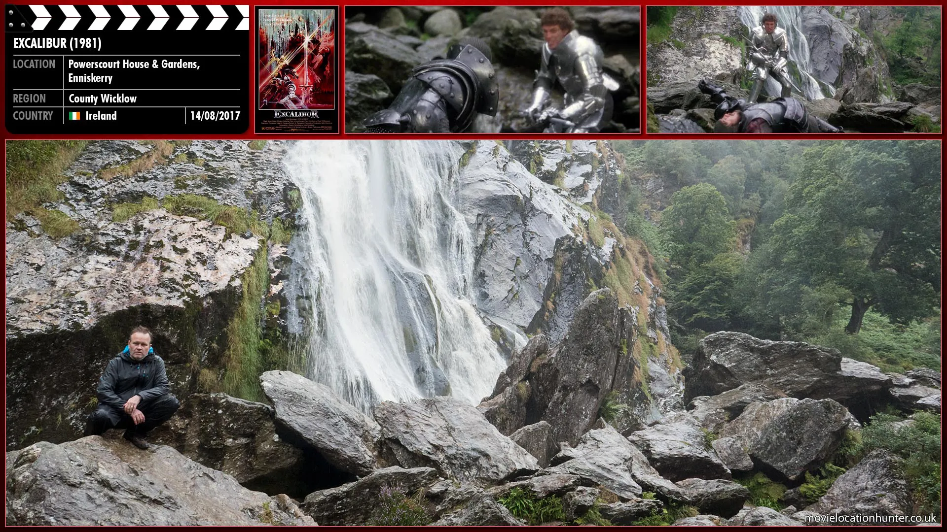 Filming location photo, shot in Ireland, for Excalibur (1981). Scene description: The undefeated knight Lancelot (Nicholas Clay) blocks a bridge and will not move until he is defeated in single combat seeking a king worthy of his sword.  Arthur (Nigel Terry) challenges Lancelot to a joust where he is knocked from his horse and in his anger demands Lancelot (Nicholas Clay) dismount and fight him sword to sword.