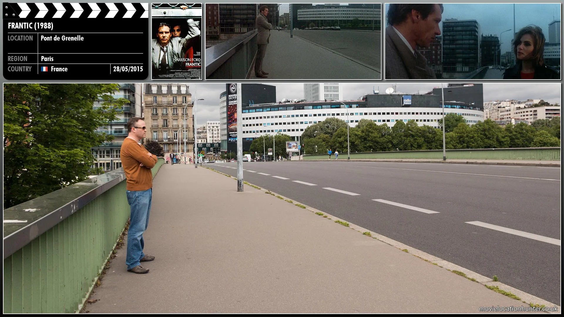 Filming location photo, shot in France, for Frantic (1988). Scene description: Early morning (5am) Walker (Harrison Ford) waits alone to trade the small replica krytron Statue of Liberty for his wife.  Michelle (Emmanuelle Seigner) arrives and chastises him for leaving her behind which he had done for her safety.