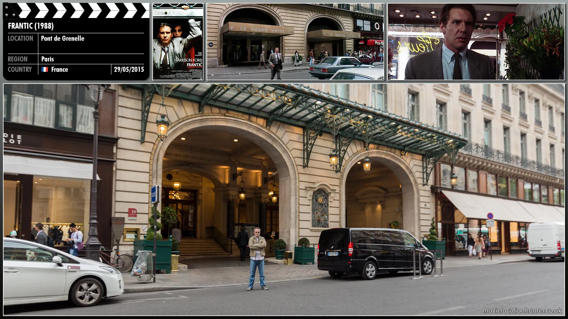 Filming location photo, shot in France, for Frantic (1988). Scene description: Dr. Richard Walker (Harrison Ford) is a surgeon visiting Paris with his wife Sondra (Betty Buckley) for a medical conference. At their hotel, she is unable to unlock her suitcase, and Walker determines that she has picked up the wrong one at the airport. While Walker is taking a shower, his wife mysteriously disappears from their hotel room. Still jet-lagged, he searches for her in the hotel with the help of a polite but mostly indifferent staff and then wanders outside to search himself.