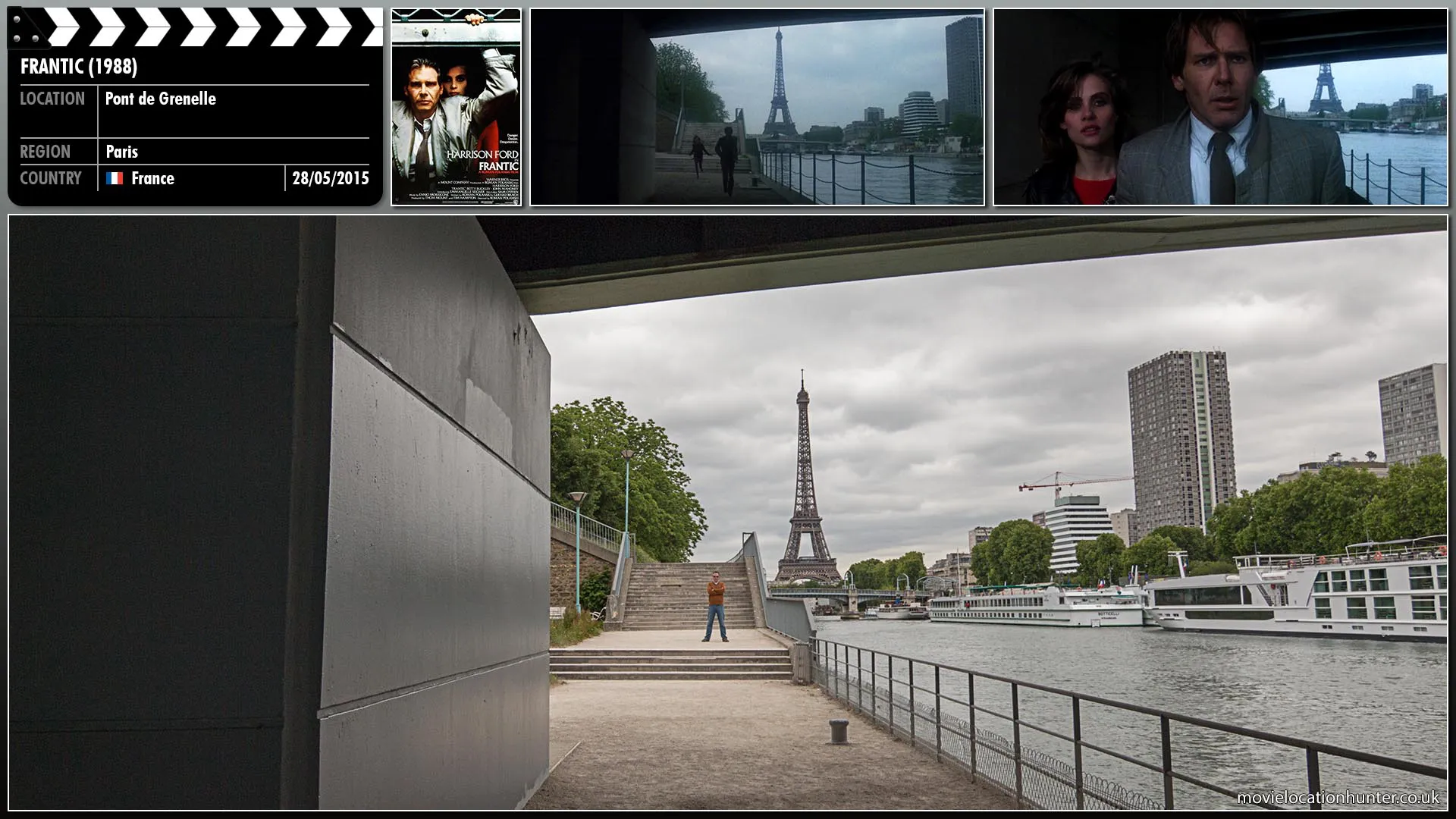 Filming location photo, shot in France, for Frantic (1988). Scene description: Walker (Harrison Ford) and Michelle (Emmanuelle Seigner) head to the Statue of Liberty to make the trade for his wife.