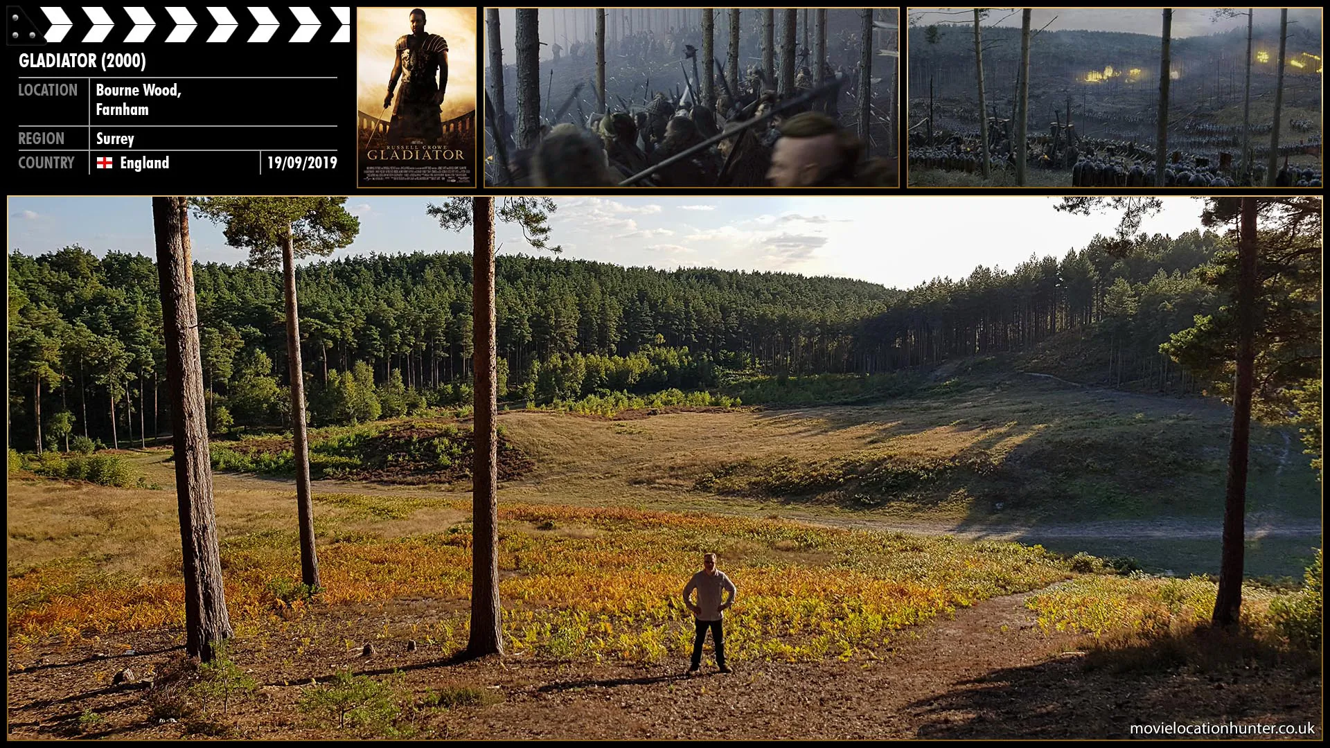 Filming location photo, shot in England, for Gladiator (2000). Scene description: Maximus (Russell Crowe) sends the signal. The catapults and archers send flames, arrows and spears into the tribes positioned on the opposing tree line.