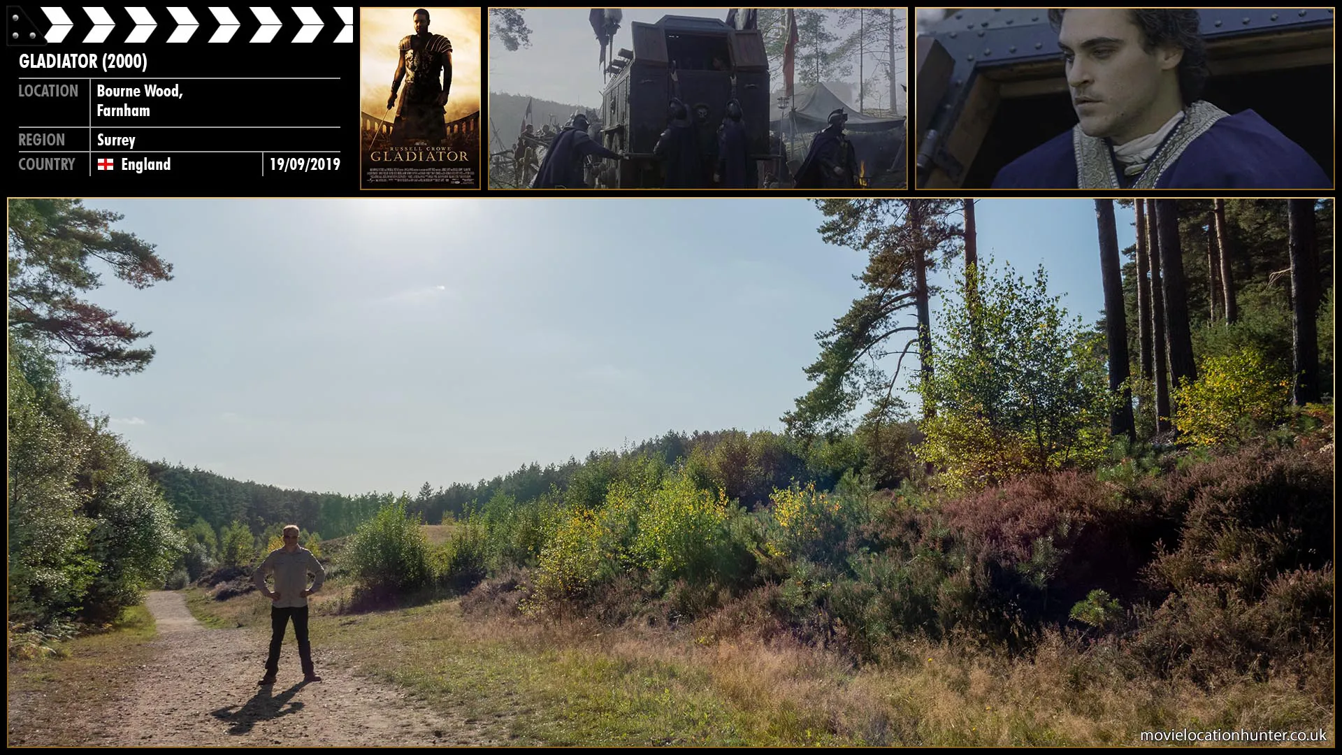 Filming location photo, shot in England, for Gladiator (2000). Scene description: Commodus (Joaquin Phoenix) and Lucilla (Connie Nielsen) are escorted by caraven to the Roman encampment.