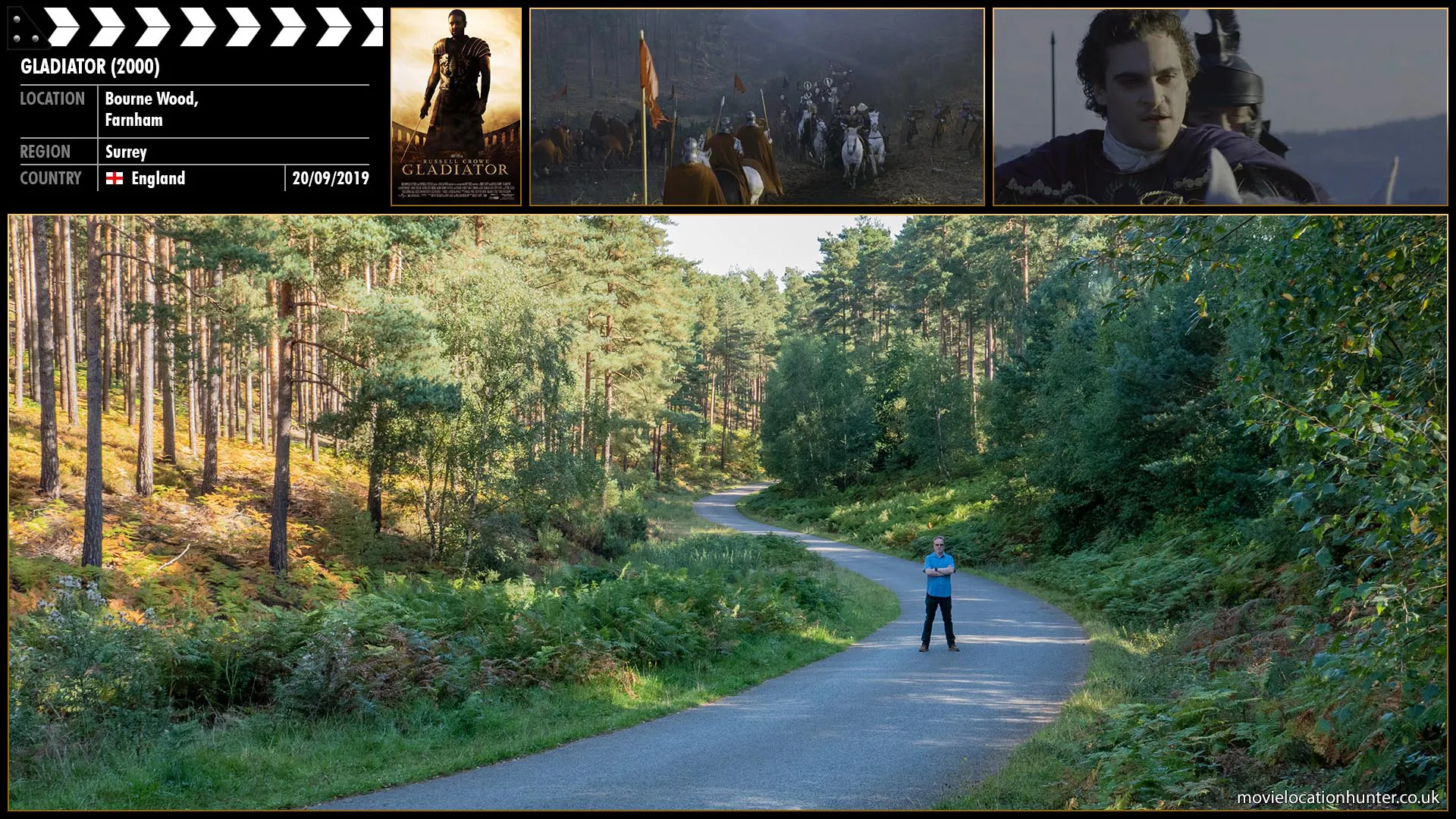 Filming location photo, shot in England, for Gladiator (2000). Scene description: After the battle is over, Commodus (Joaquin Phoenix) rides to join his father, Emperor Marcus Aurelius (Richard Harris), on the battlefield.