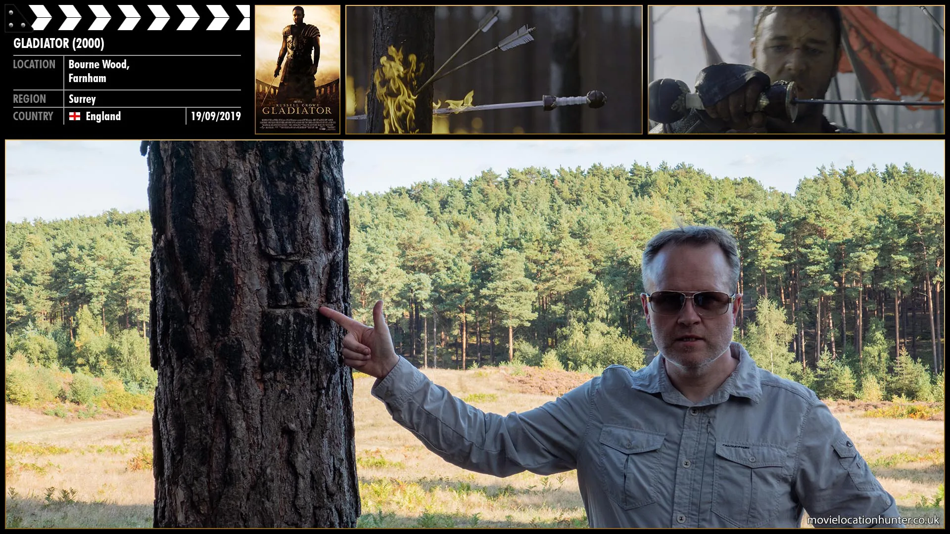 Filming location photo, shot in England, for Gladiator (2000). Scene description: Maximus (Russell Crowe) leads the cavalry attack and beheads a man, leaving his sword embedded in the trunk of a tree.  Once the battle is won Maximus returns to reclaim his sword.