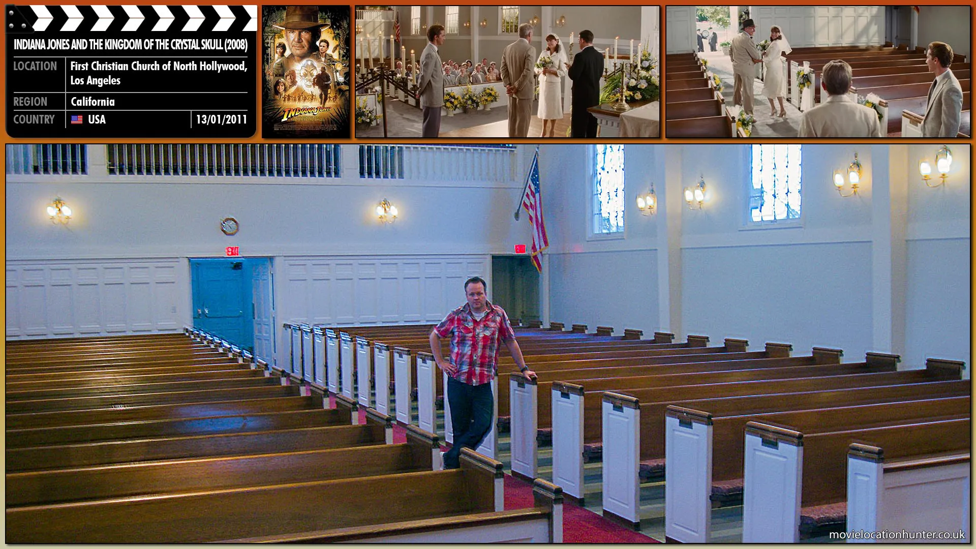 Filming location photo, shot in USA, for Indiana Jones and the Kingdom of the Crystal Skull (2008). Scene description: Indy (Harrison Ford) and Marion (Karen Allen) get married and Mutt (Shia LaBeouf) watches gladly as his parents embrace in a lovely kiss. Everyone in the church stands up and cheers, and, just when Mutt is about to snap the first photo, the church’s doors burst open and the wind lifts Indy's fedora off the coat rack and leaves it at Mutt's feet. Mutt bends over to pick it up, and just as he is about to try it on, Indy takes it, smiles, and puts it on himself.