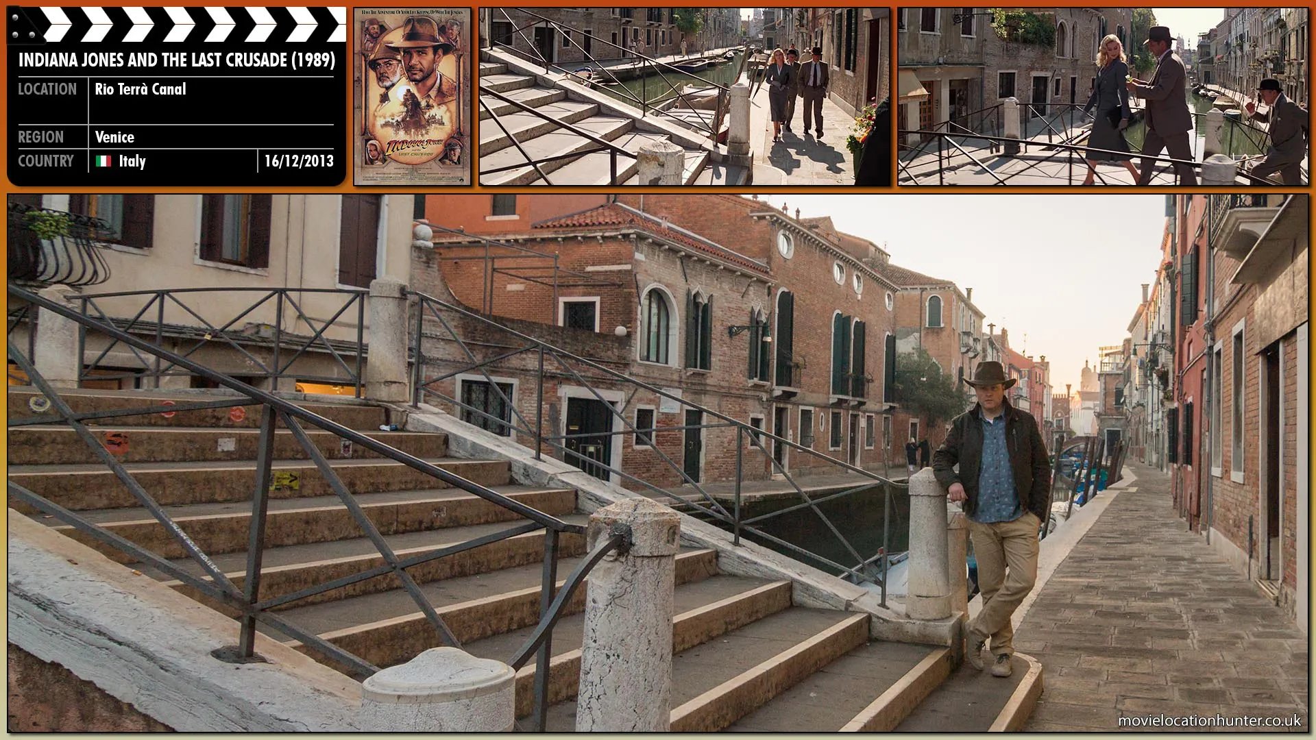 Filming location photo, shot in Italy, for Indiana Jones and the Last Crusade (1989). Scene description: Indiana Jones (Harrison Ford) steals a flower and offers it to Elsa (Alison Doody).