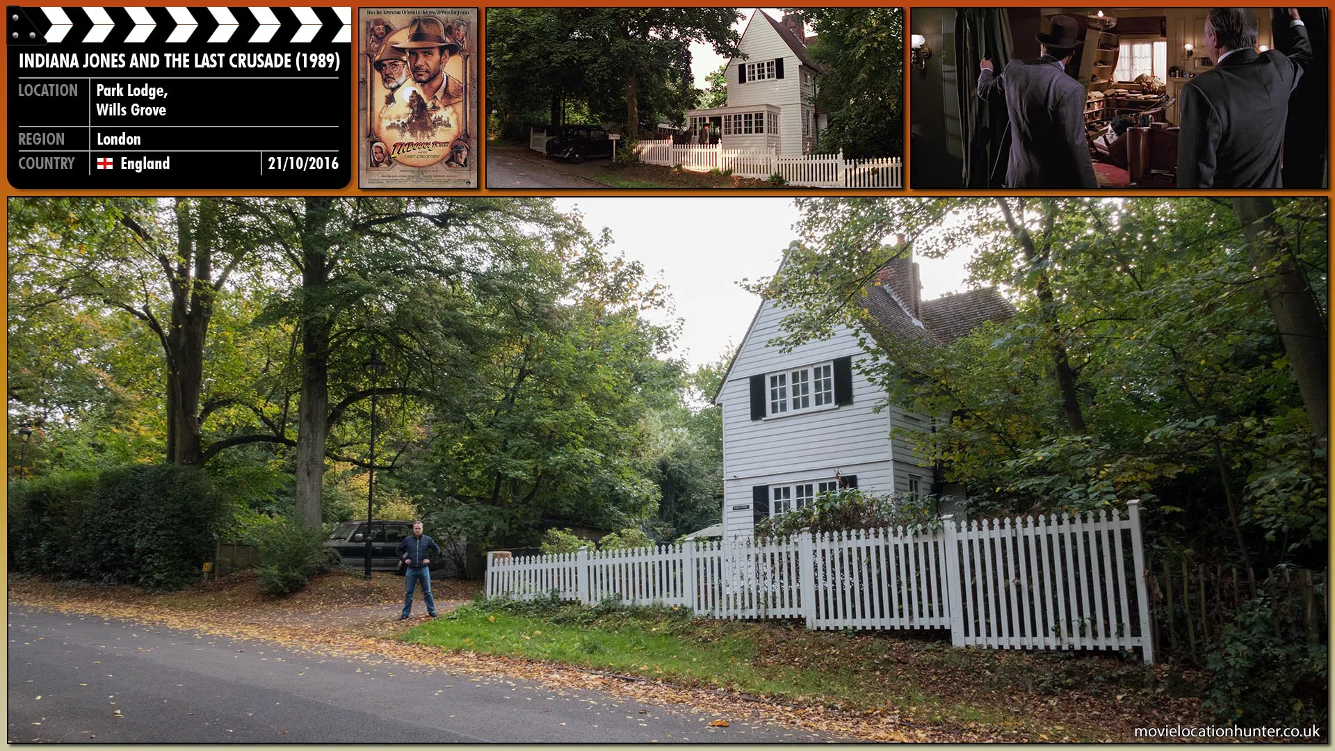 Filming location photo, shot in England, for Indiana Jones and the Last Crusade (1989). Scene description: Indy (Harrison Ford) and Marcus (Denholm Elliott) find Henry's house ransacked and his mail opened, Indy suddenly remembers the package he got from Venice - his dad's diary, in which is contained all his father's research on the Grail.