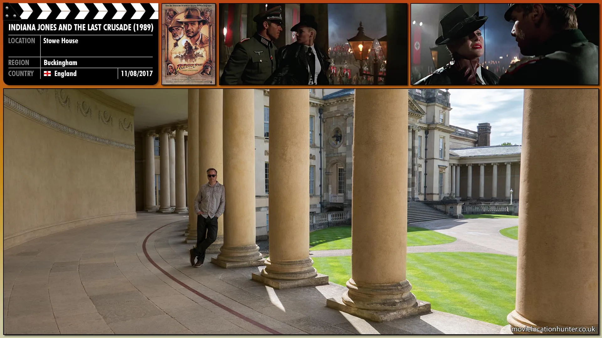 Filming location photo, shot in England, for Indiana Jones and the Last Crusade (1989). Scene description: At a Nazi Rally book-burning party, Indy (Harrison Ford) dressed as a Nazi Officer pushes Elsa (Alison Doody) against a column and begins to search her clothing for the Diary. He pulls the book from Elsa's pocket.