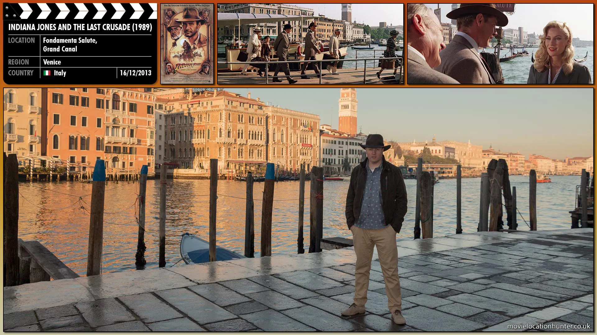 Filming location photo, shot in Italy, for Indiana Jones and the Last Crusade (1989). Scene description: Indy (Harrison Ford) and Marcus (Denholm Elliott) fly to Venice where they meet with Dr. Elsa Schneider (Alison Doody).