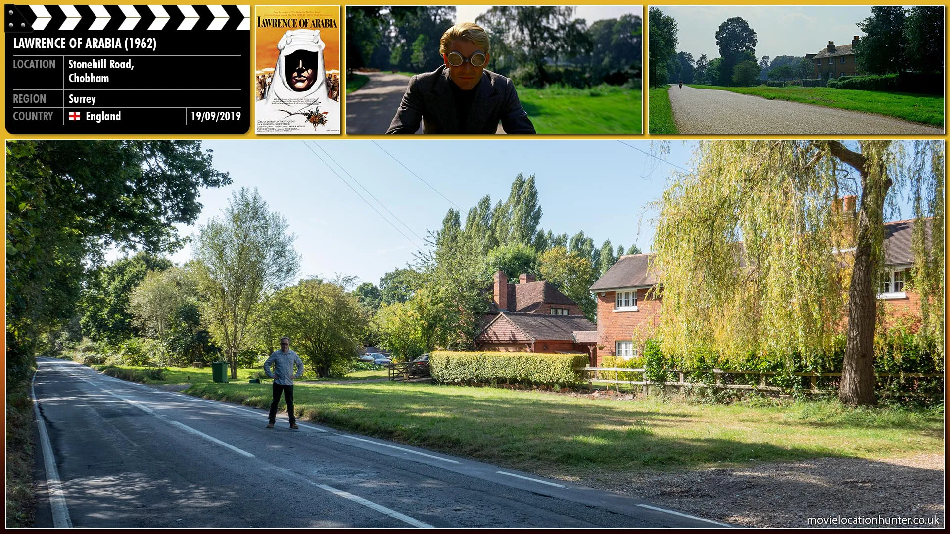 Filming location photo, shot in England, for Lawrence of Arabia (1962). Scene description: After slowing down to pass roadworks, Lawrence (Peter O'Toole) opens the throttle and accelerates along the open road.