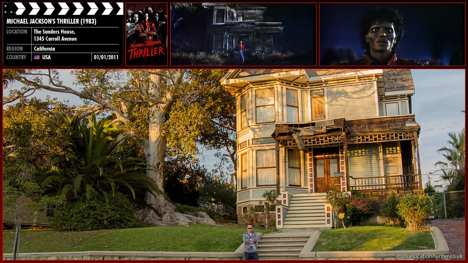 Filming location photo, shot in USA, for Michael Jackson's Thriller (1983). Scene description: Michael Jackson (who has turned into a zombie) and his fellow corpses chase his terrified girlfriend (Ola Ray) into the room of a nearby abandoned house. While being cornered, Michael then reaches for the girl's throat as she lets out a bloodcurdling shriek, only to awake and realize it was all a nightmare.