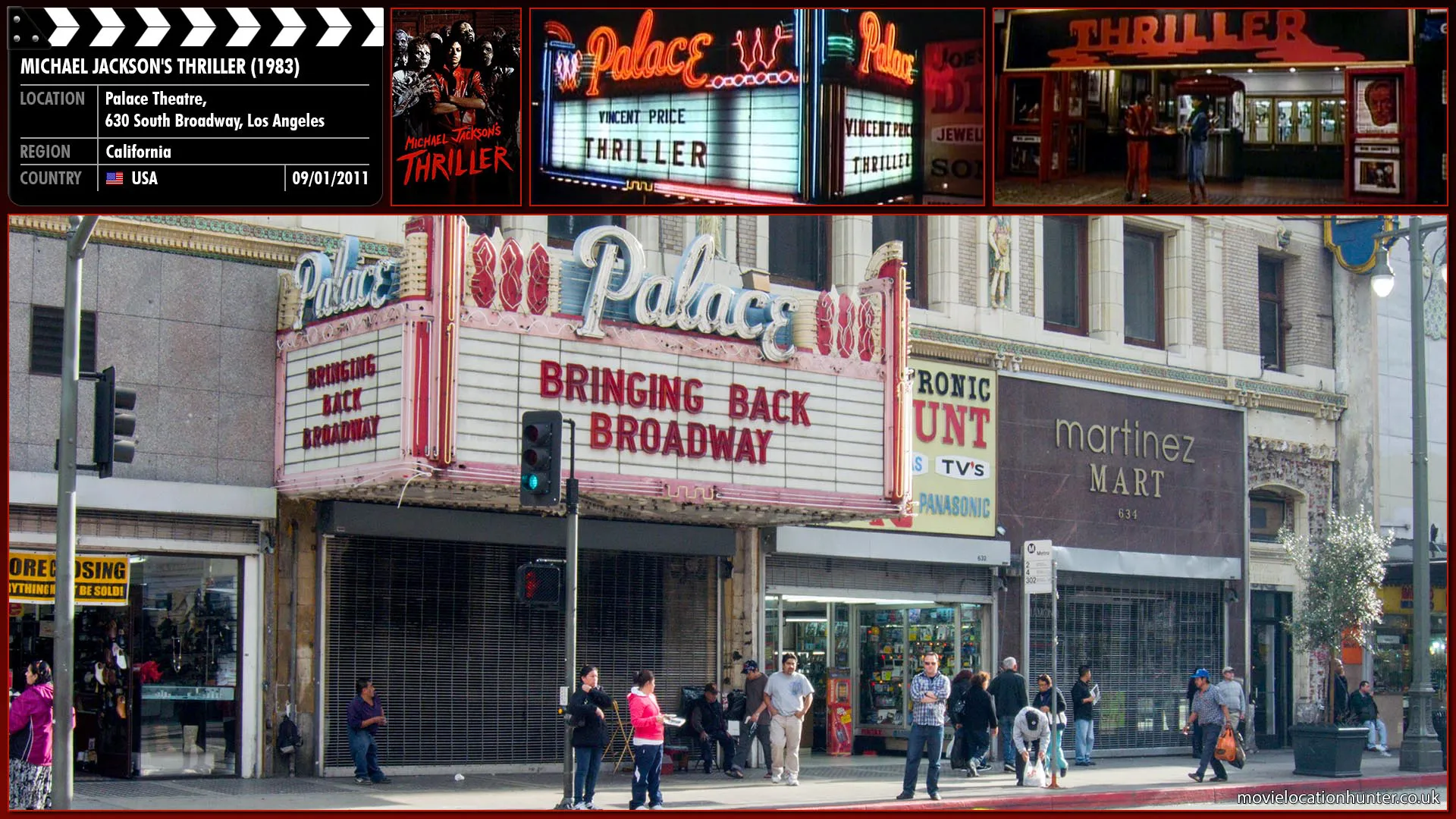 Filming location photo, shot in USA, for Michael Jackson's Thriller (1983). Scene description: The scene then cuts to a movie theater where Michael and his unnamed girlfriend (Ola Ray), along with an excitable audience, are actually watching the scene unfold in a Vincent Price horror movie titled 