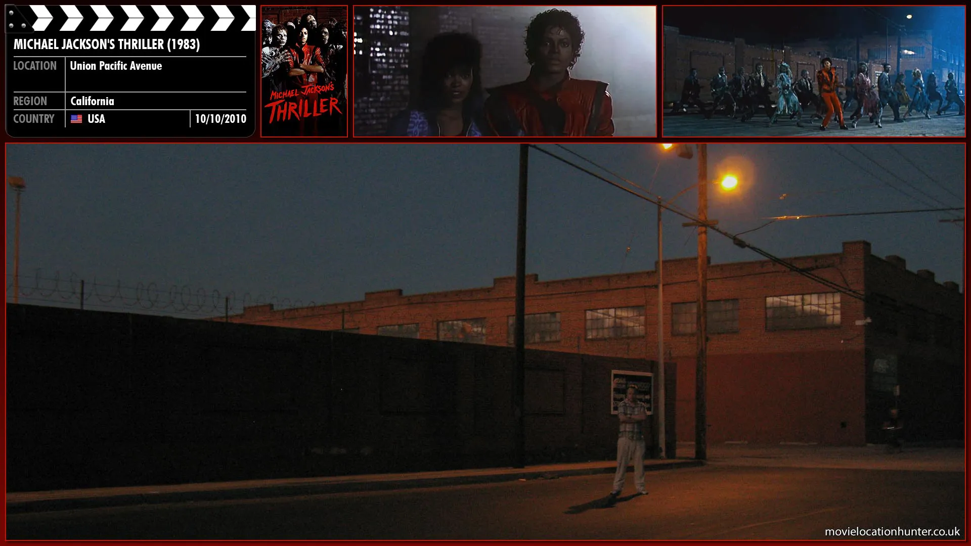 Filming location photo, shot in USA, for Michael Jackson's Thriller (1983). Scene description: Michael sings verses of the song 'Thriller' to his girlfriend (Ola Ray) excluding the chorus. They pass a nearby graveyard, in which the undead begin to rise out of their graves as Vincent Price's speech is heard. The zombies corner the two main characters threateningly, and suddenly, Michael becomes a zombie himself. The zombies then break into an elaborate song and dance number, followed by the main chorus of 