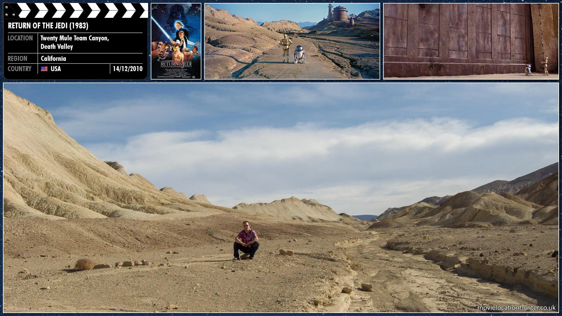 Filming location photo, shot in USA, for Return of the Jedi (1983). Scene description: Luke (Mark Hamill) sends C-3PO (Anthony Daniels) and R2-D2 (Kenny Baker) to Jabba's desert palace to deliver a message: In a hologram projected by R2, Luke offers to bargain with Jabba for Solo (Harrison Ford) himself -- if Jabba does not, he will be destroyed.