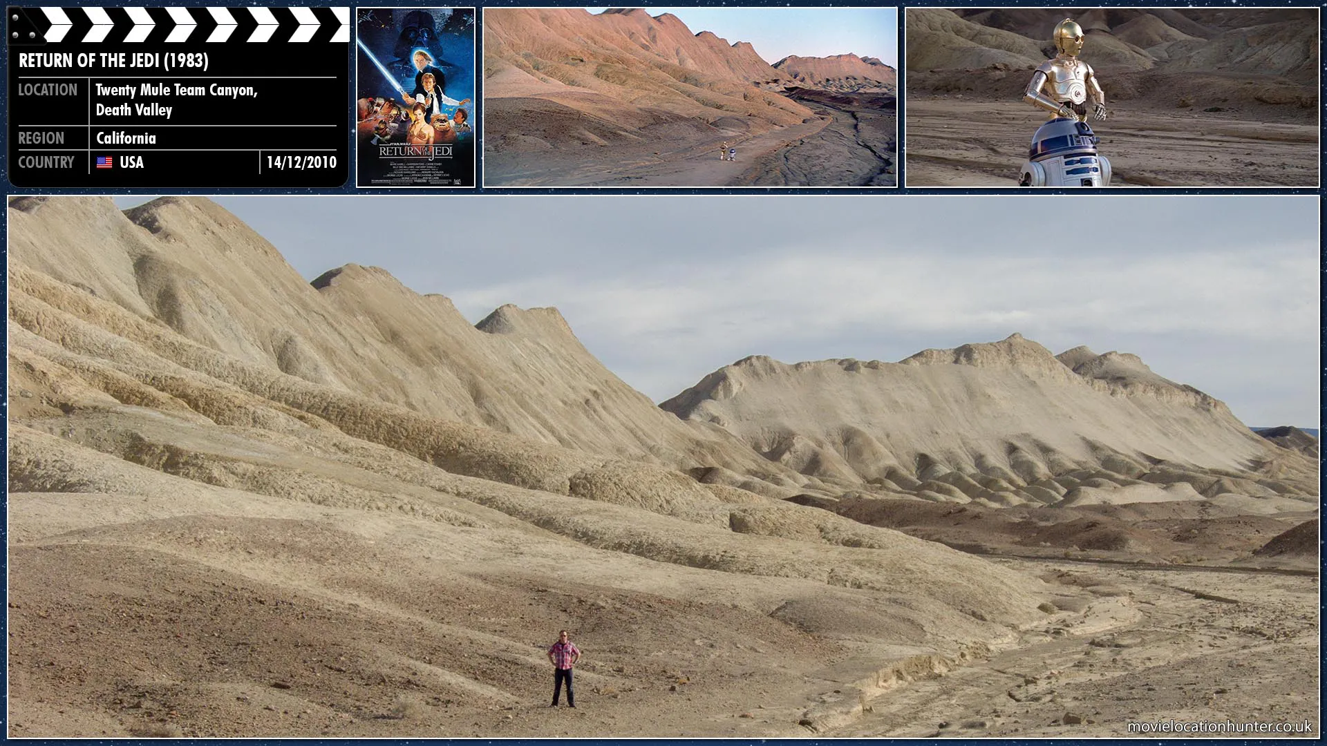 Filming location photo, shot in USA, for Return of the Jedi (1983). Scene description: Jedi Knight Luke Skywalker (Mark Hamill) sends C-3PO (Anthony Daniels) and R2-D2 (Kenny Baker) to Jabba's desert palace to deliver a message.