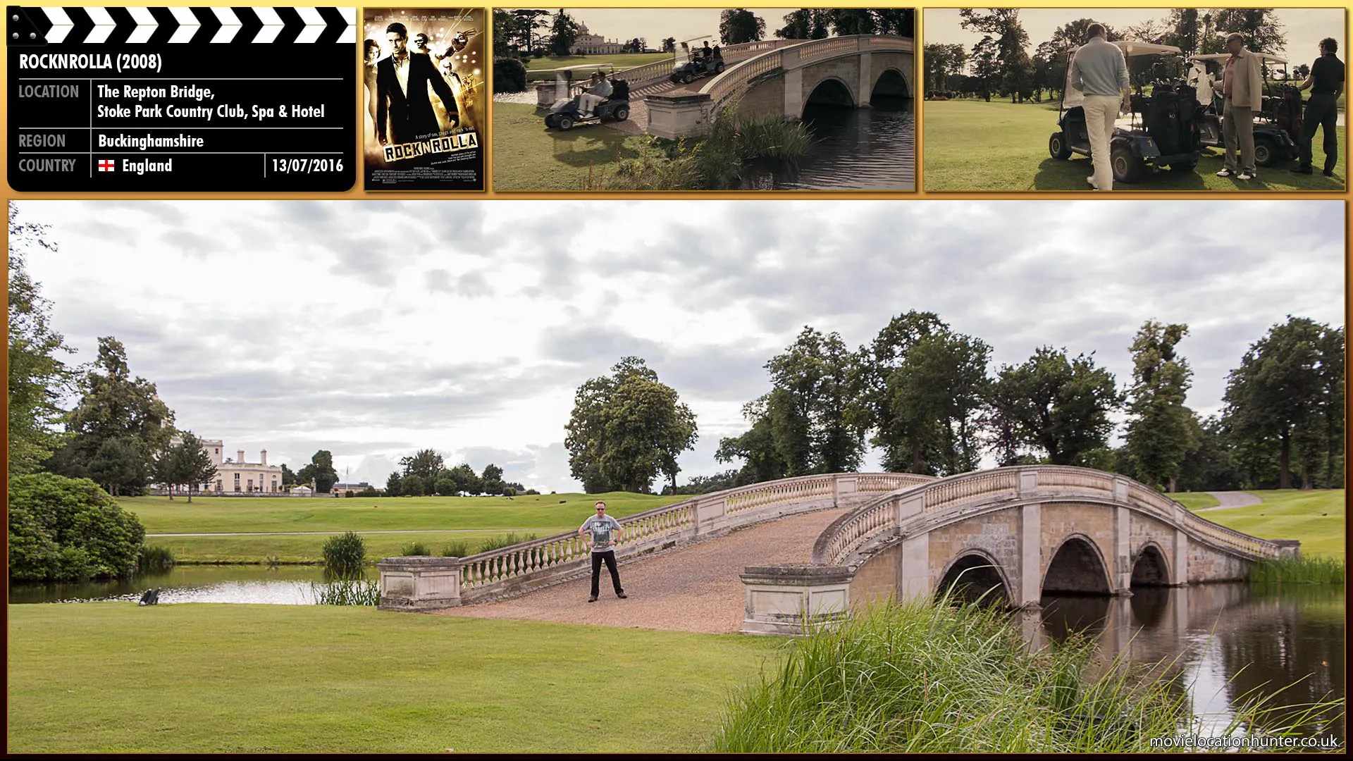 Filming location photo, shot in England, for RocknRolla (2008). Scene description: Uri (Karel Roden), Lenny (Tom Wilkinson) and Victor (Dragan Micanovic) drive over the bridge and arrive at the 21st Green.