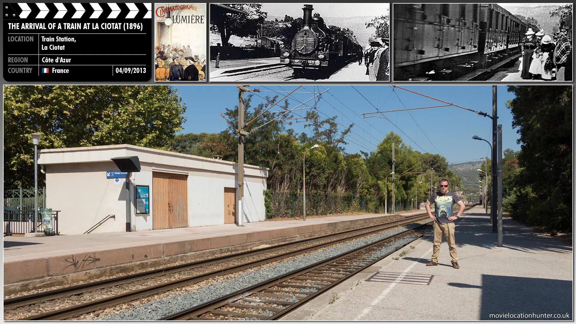 Filming location photo, shot in France, for The Arrival of a Train at La Ciotat (1896). Scene description: Directed and produced by Auguste and Louis Lumière the short film shows the entry of a steam locomotive pulling into the gare de La Ciotat, a train station of the French coastal town of La Ciotat. Generally considered to be among the first motion pictures in modern history the audience was so overwhelmed by the moving image of a life-sized train coming directly at them that people screamed and ran to the back of the room.