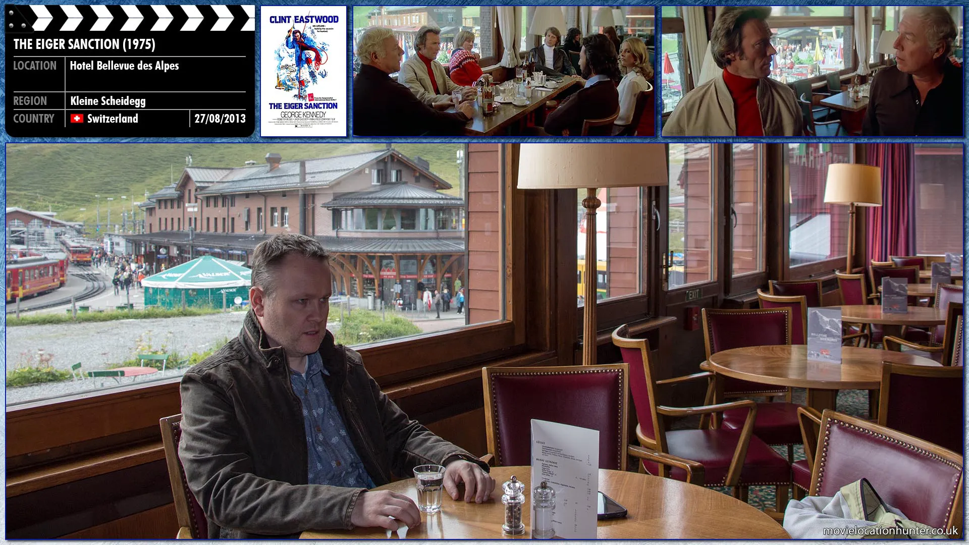 Filming location photo, shot in Switzerland, for The Eiger Sanction (1975). Scene description: Hemlock (Clint Eastwood) travels to Switzerland with Bowman (George Kennedy), the 