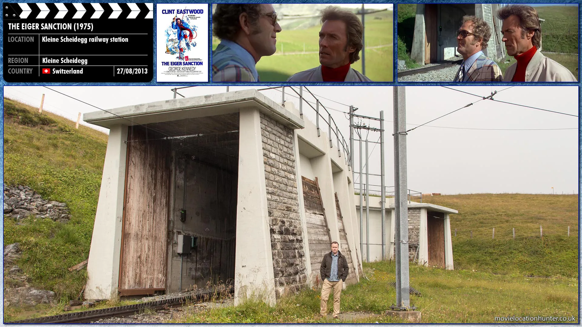 Filming location photo, shot in Switzerland, for The Eiger Sanction (1975). Scene description: Pope (Gregory Walcott) continued interference earns him a beating from Hemlock (Clint Eastwood).