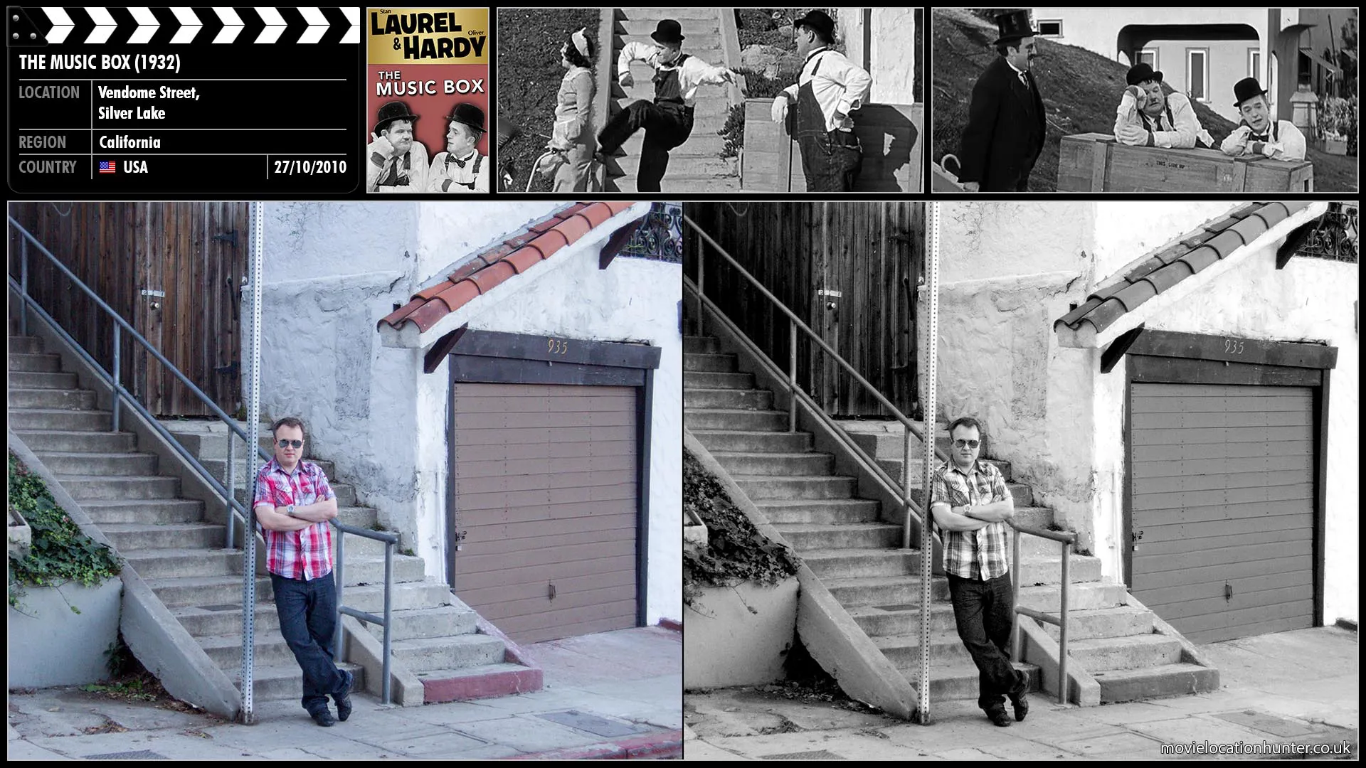 Filming location photo, shot in USA, for The Music Box (1932). Scene description: A music store manager hires the Laurel and Hardy Transfer Company to deliver the piano in their freight wagon.  Laurel (Stan Laurel) and Hardy (Oliver Hardy) learn from a postman that the home is at the top of a very long stairway. Their attempts to carry the piano up the stairs result in it rolling and crashing into the street below several times, twice with Ollie in tow. During their first attempt, they encounter a lady with a baby carriage trying to go down the steps; in trying to let her pass, they knock the piano back down the stairs. After the lady laughs at them, Stan kicks her in her backside, causing her to punch him back and hit Ollie over the head with a milk bottle.