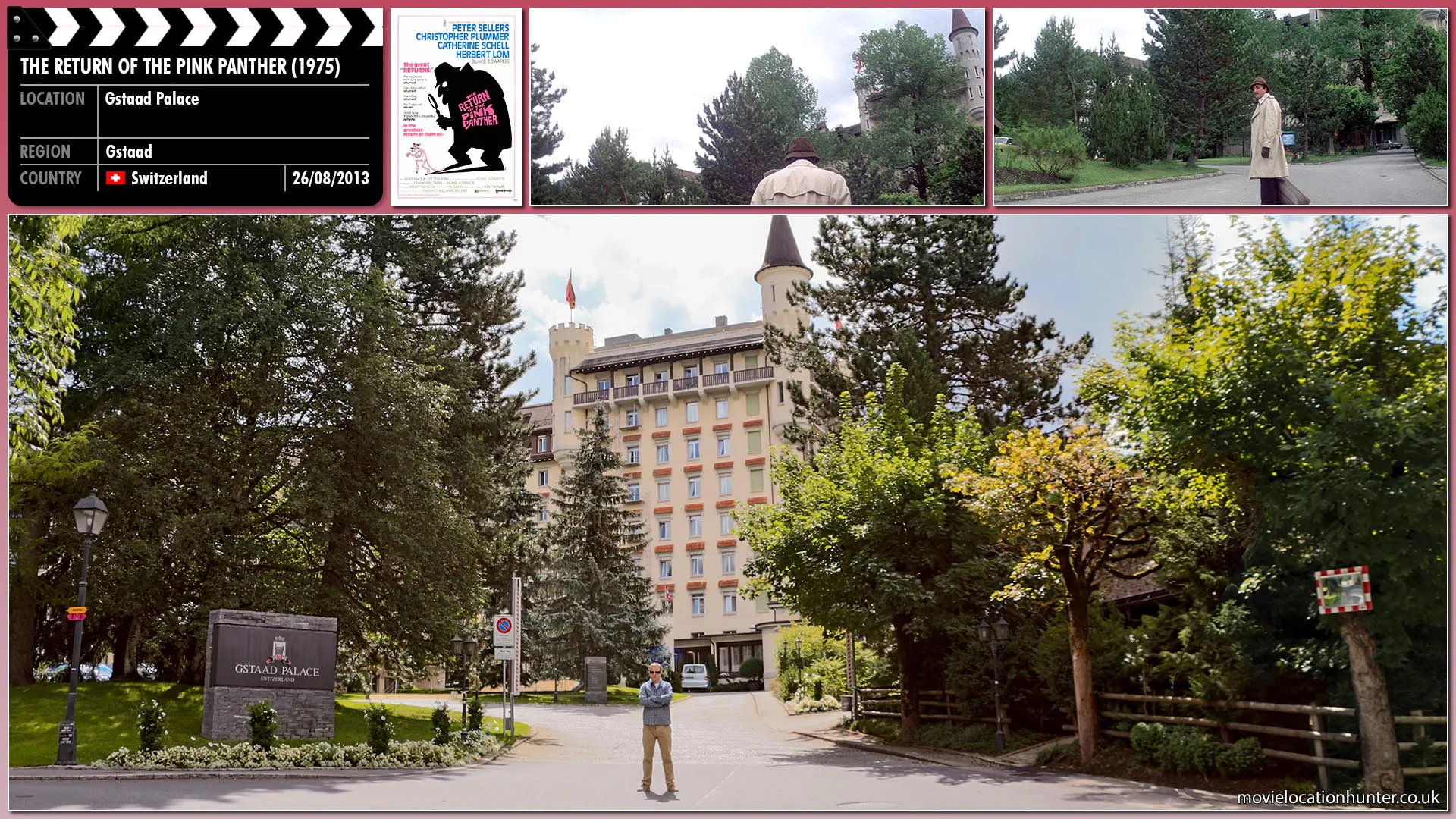 Filming location photo, shot in Switzerland, for The Return of the Pink Panther (1975). Scene description: The bumbling French Inspector Clouseau (Peter Sellers) follows Sir Charles' wife, Lady Claudine (Catherine Schell) to a resort hotel in Gstaad, Switzerland, where his attempts to investigate her repeatedly fail.